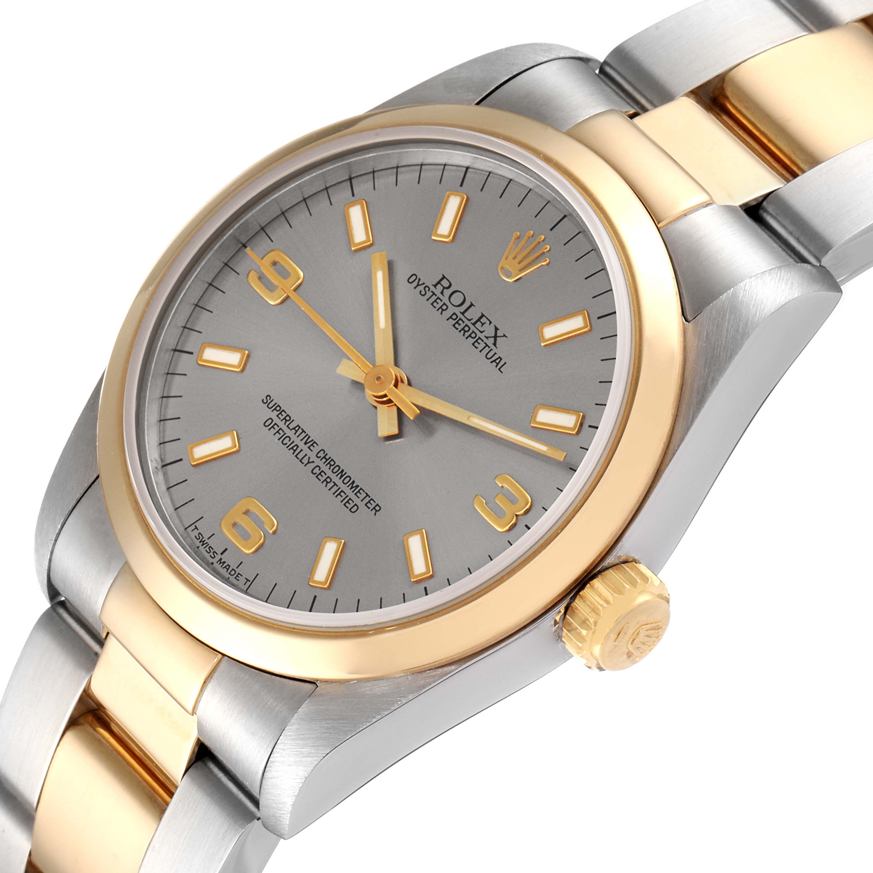 The Rolex Mid-Size 67483 Women
s Steel and Gold (two tone) Grey Dial 67483 Women
s Steel and Gold (two tone) Grey Dial model watch is shown at a slight angle, highlighting the dial, bezel, crown, and part of the bracelet.