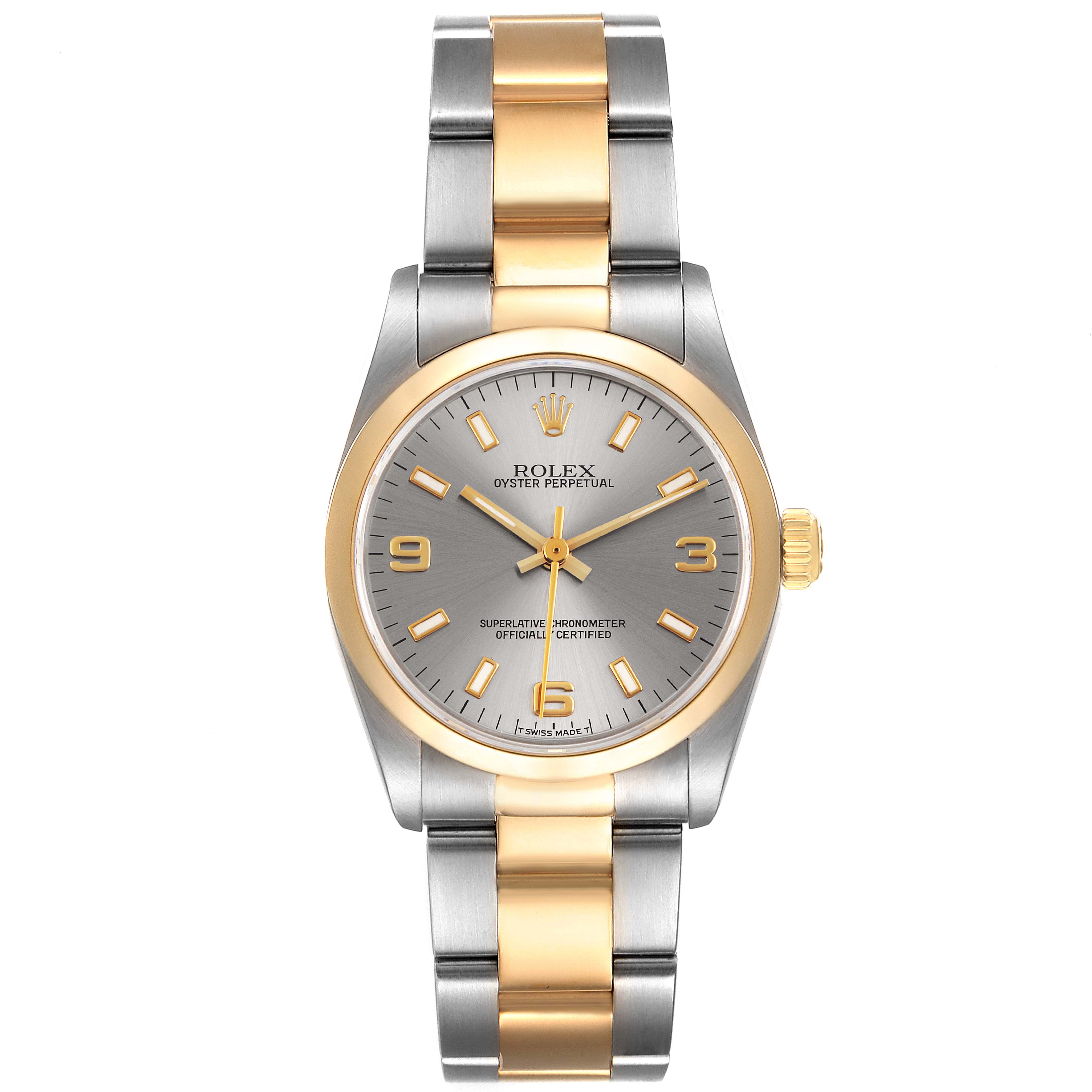 This image shows a front view of a Rolex Mid-Size 67483 Women
s Steel and Gold (two tone) Grey Dial 67483 Women
s Steel and Gold (two tone) Grey Dial Oyster Perpetual watch, highlighting the dial, bezel, and bracelet.