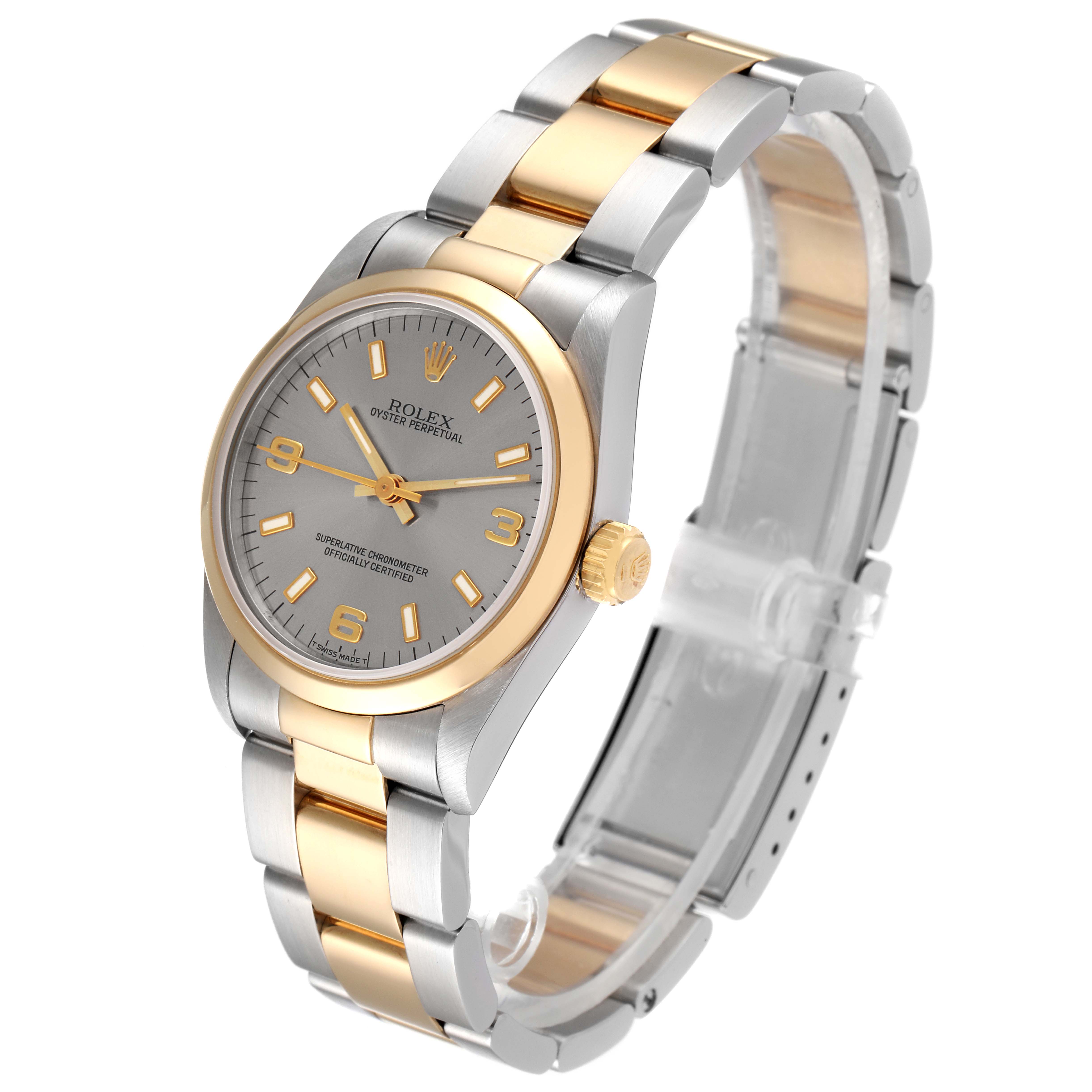 The image shows a Mid-Size Rolex Oyster Perpetual model, showcasing the dial, bezel, crown, and bracelet from a slight left side angle.