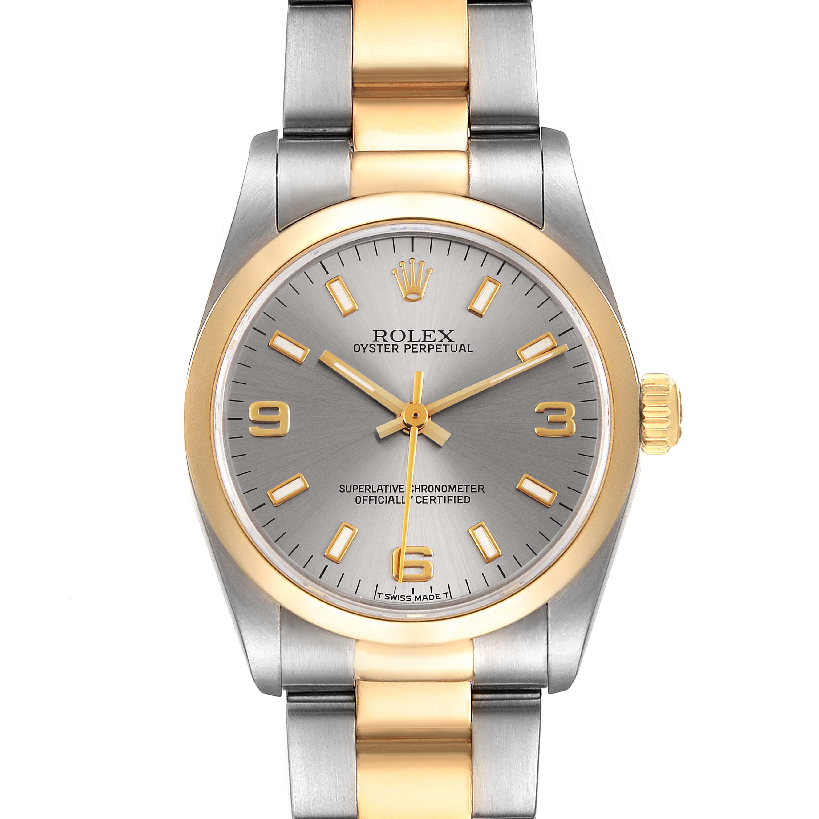 This image shows a face-on view of a Rolex Mid-Size 67483 Women
s Steel and Gold (two tone) Grey Dial 67483 Women
s Steel and Gold (two tone) Grey Dial Oyster Perpetual watch, featuring a two-tone bracelet and gold accents.