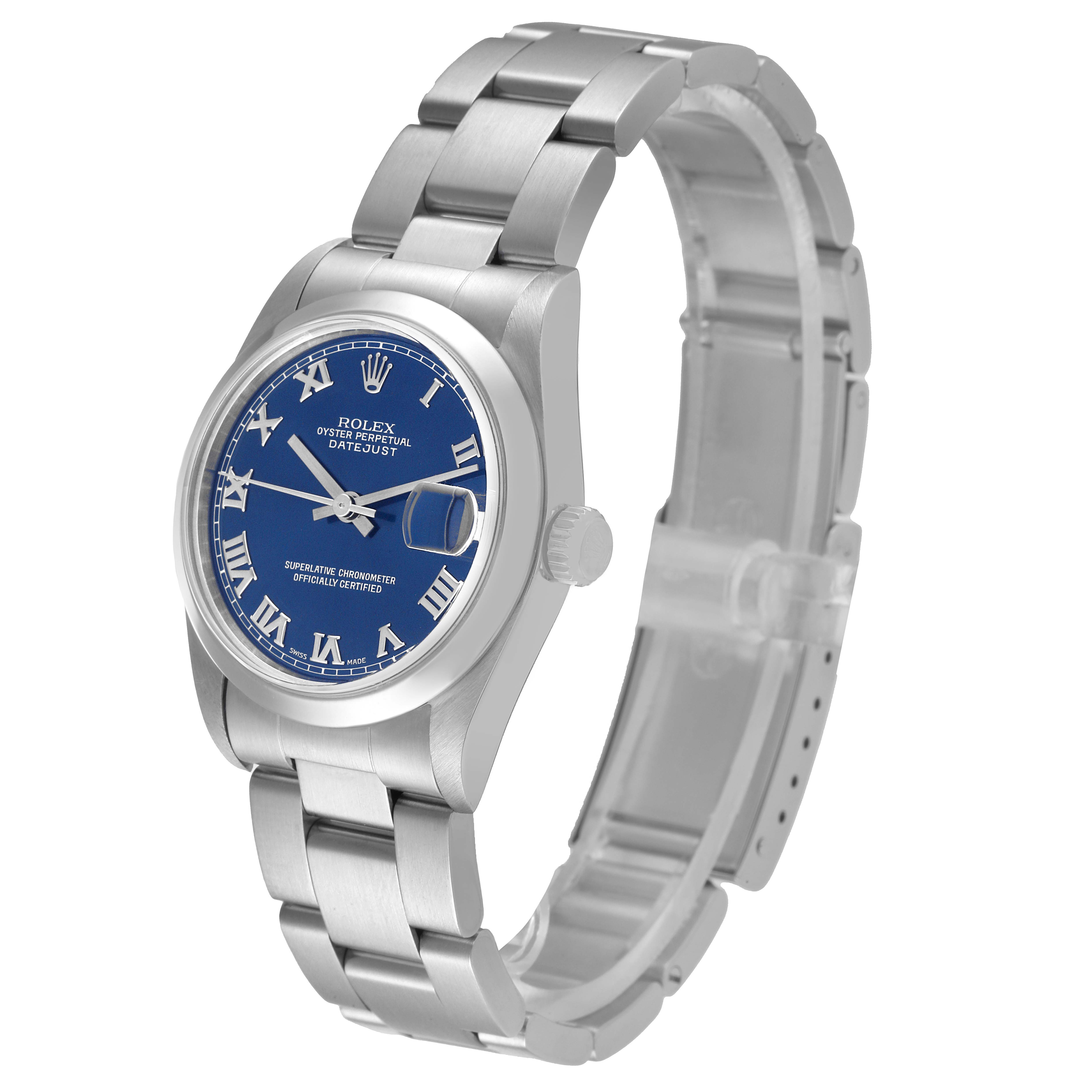 The image shows a Rolex Mid-Size 68240 Women
s Stainless Steel Blue Dial 68240 Women
s Stainless Steel Blue Dial Oyster Perpetual Datejust with a blue dial, viewed from a front-side angle.