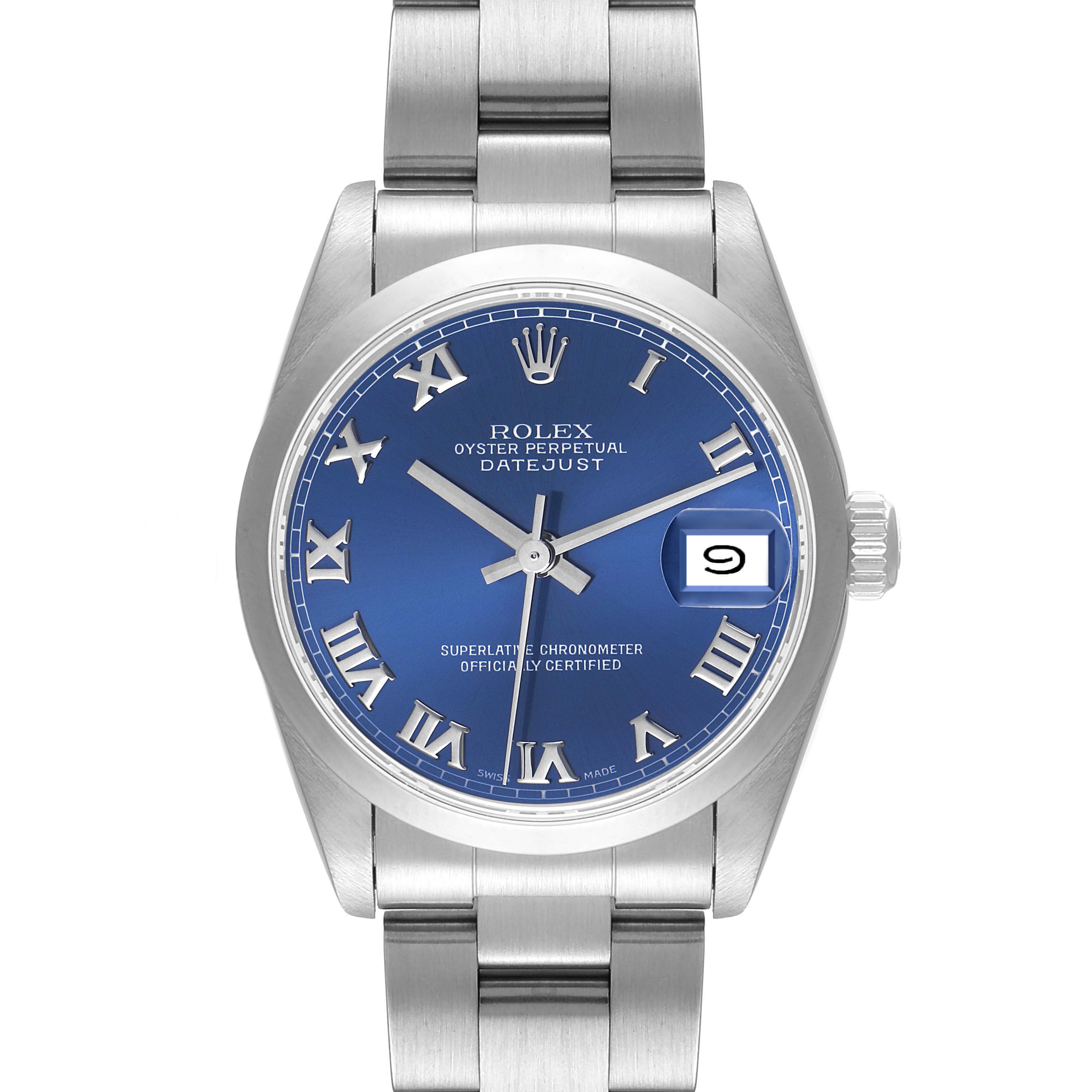 The watch is a Rolex Datejust Mid-Size model, shown from the front, displaying the face, bezel, and part of the bracelet.