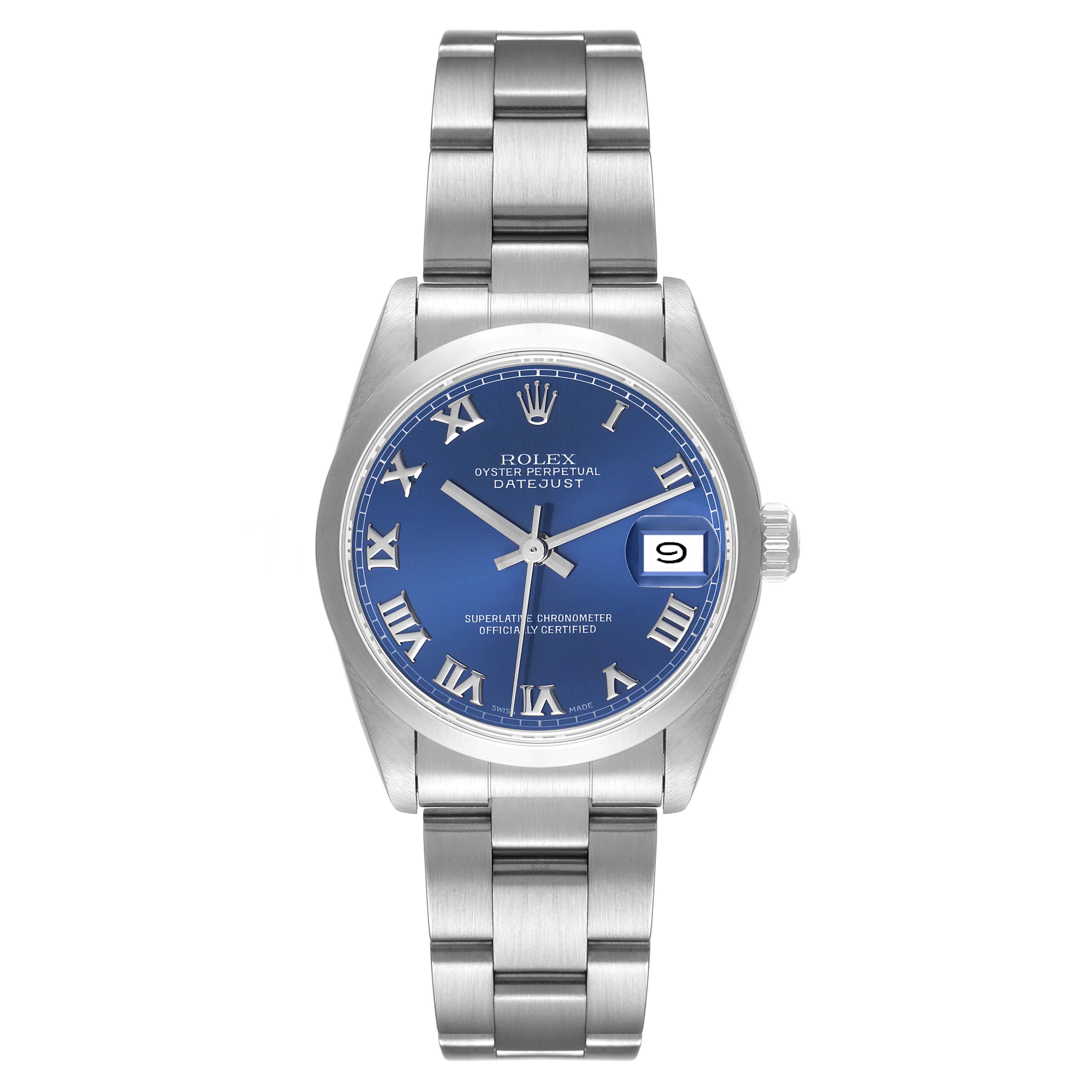 This image shows a front view of a Rolex Mid-Size 68240 Women
s Stainless Steel Blue Dial 68240 Women
s Stainless Steel Blue Dial Oyster Perpetual Datejust with a blue Roman numeral dial and stainless steel bracelet.