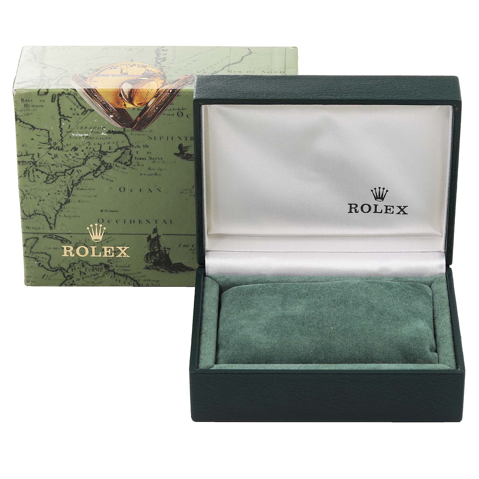 The image shows an open Rolex watch box for a Mid-Size model, alongside its outer green box featuring a vintage map design.