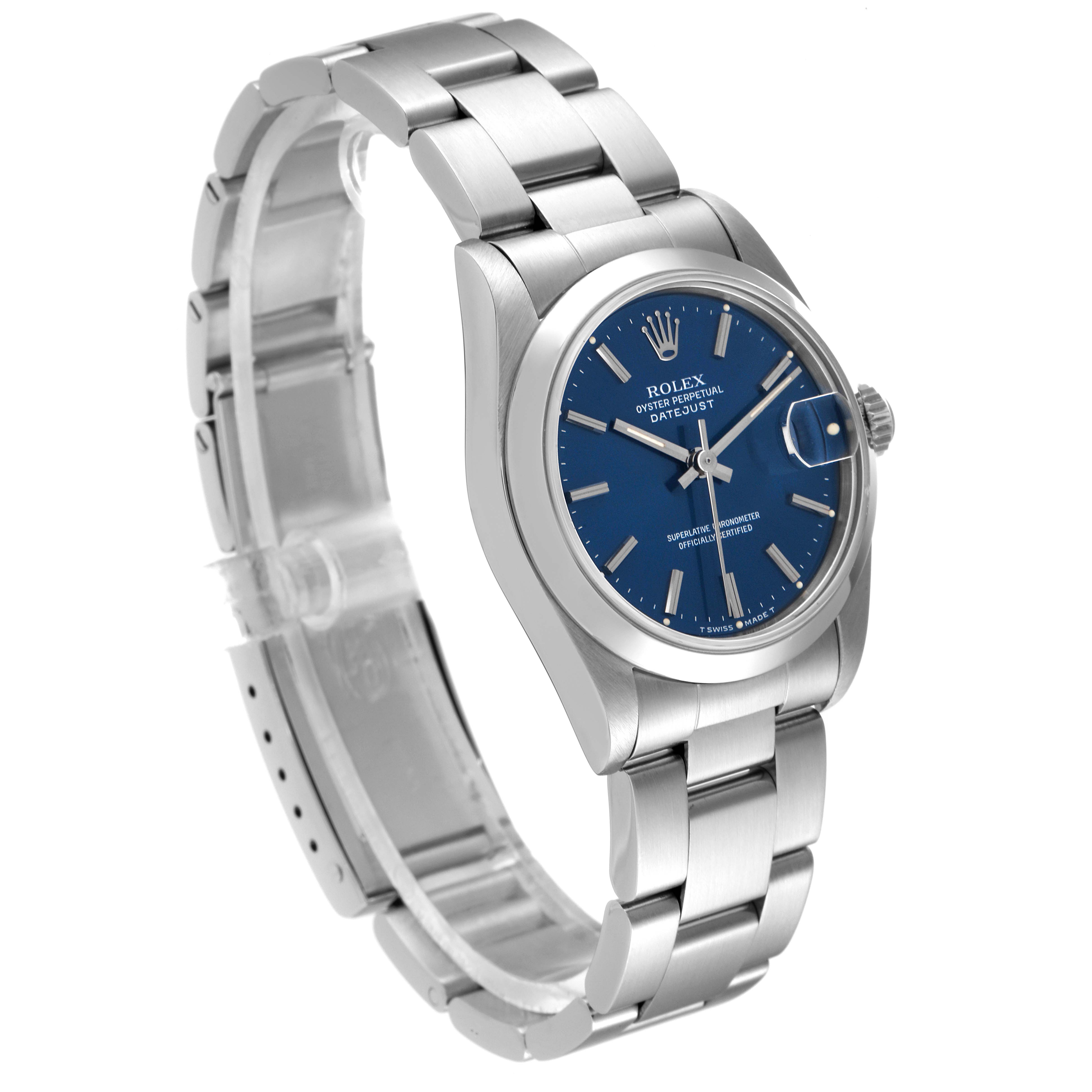 The image shows a Rolex Mid-Size 68240 Women
s Stainless Steel Blue Dial 68240 Women
s Stainless Steel Blue Dial Oyster Perpetual Datejust watch from a front-right angle, showcasing its blue dial and stainless steel bracelet.