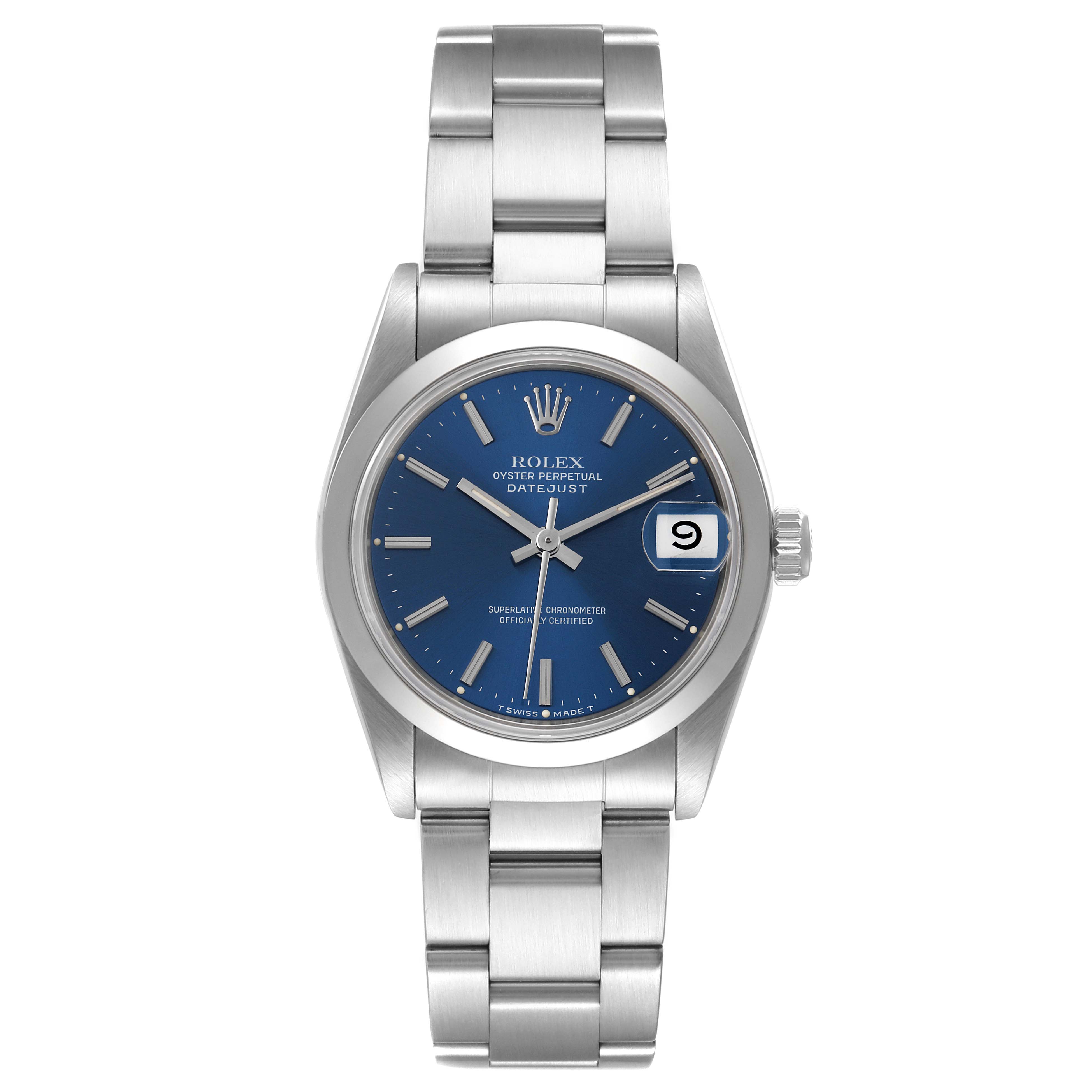 This image shows a front view of a Rolex Mid-Size 68240 Women
s Stainless Steel Blue Dial 68240 Women
s Stainless Steel Blue Dial Oyster Perpetual Datejust watch with a blue dial and stainless steel bracelet.