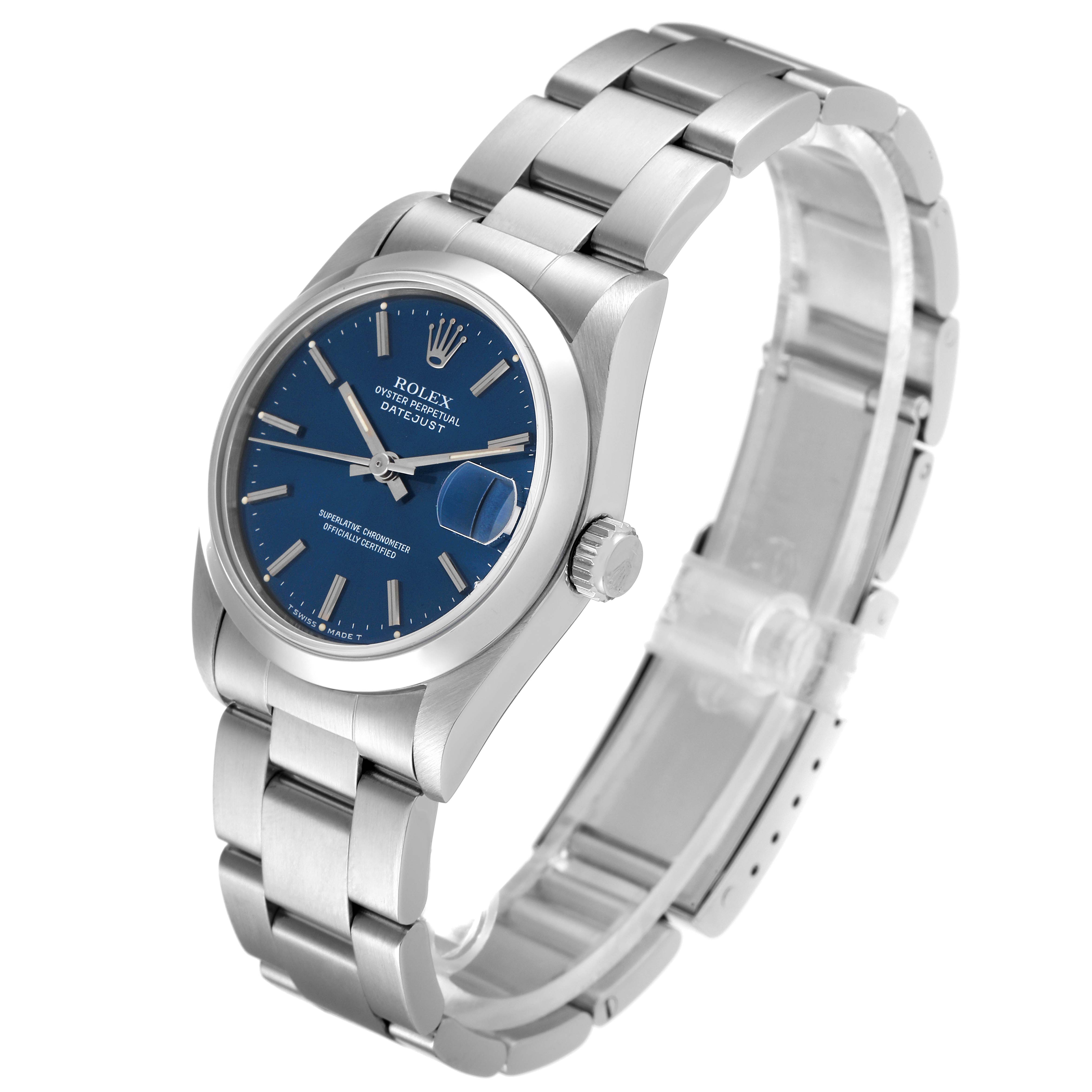 The image shows a Mid-Size Rolex Datejust watch from an angled side view, highlighting the dial, bracelet, and crown.