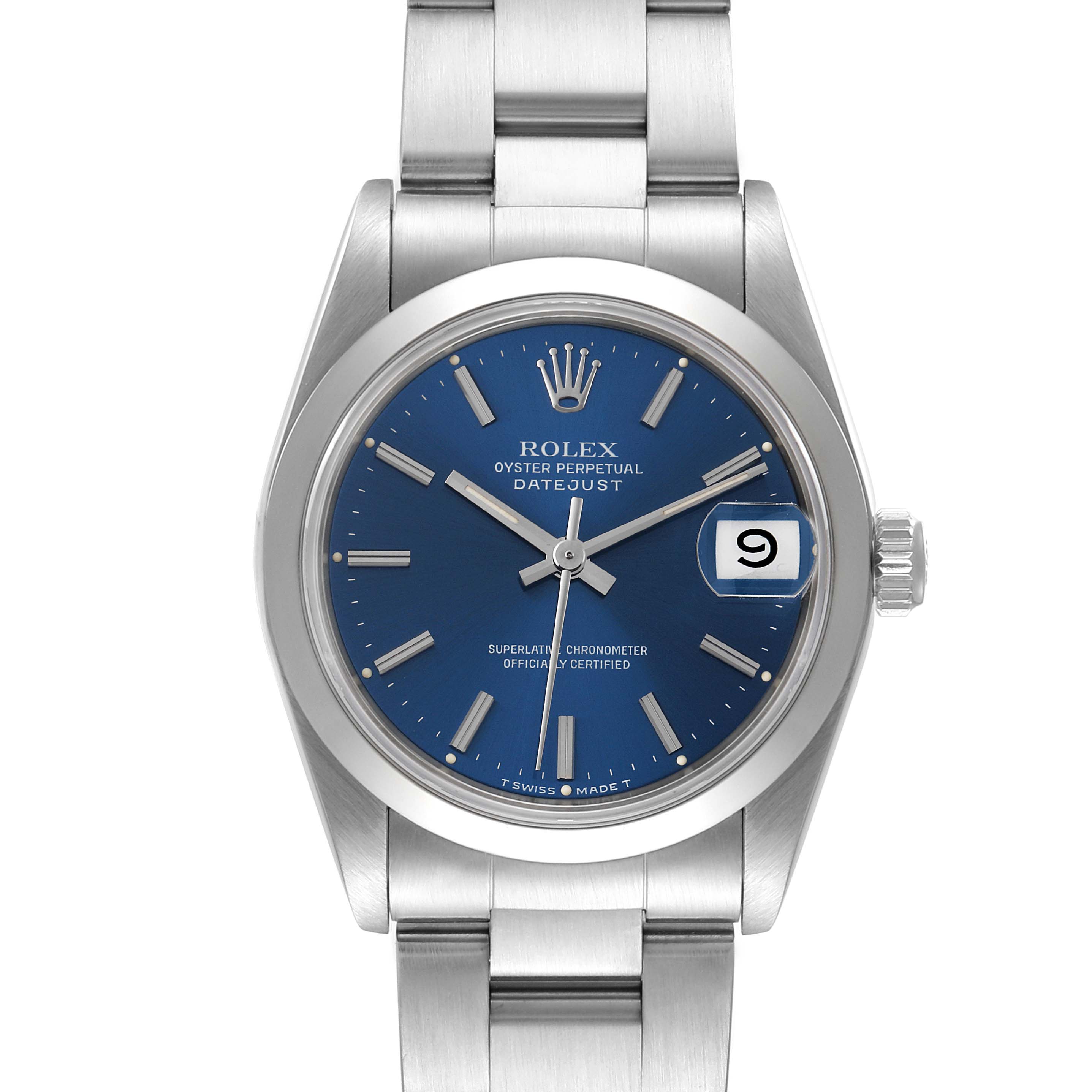 The image shows a front view of a Rolex Oyster Perpetual Datejust Mid-Size watch with a blue dial and metal strap.