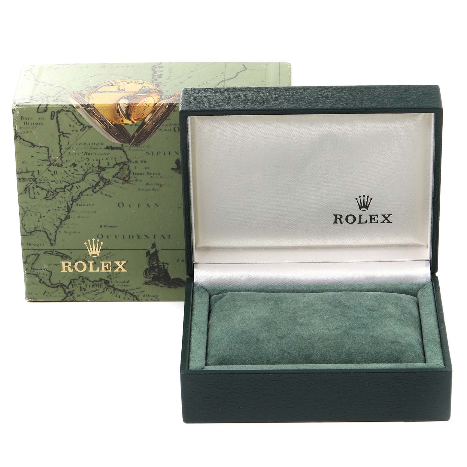 This image shows an open Rolex Mid-Size 68240 Women
s Stainless Steel Blue Dial 68240 Women
s Stainless Steel Blue Dial watch box and its outer packaging.