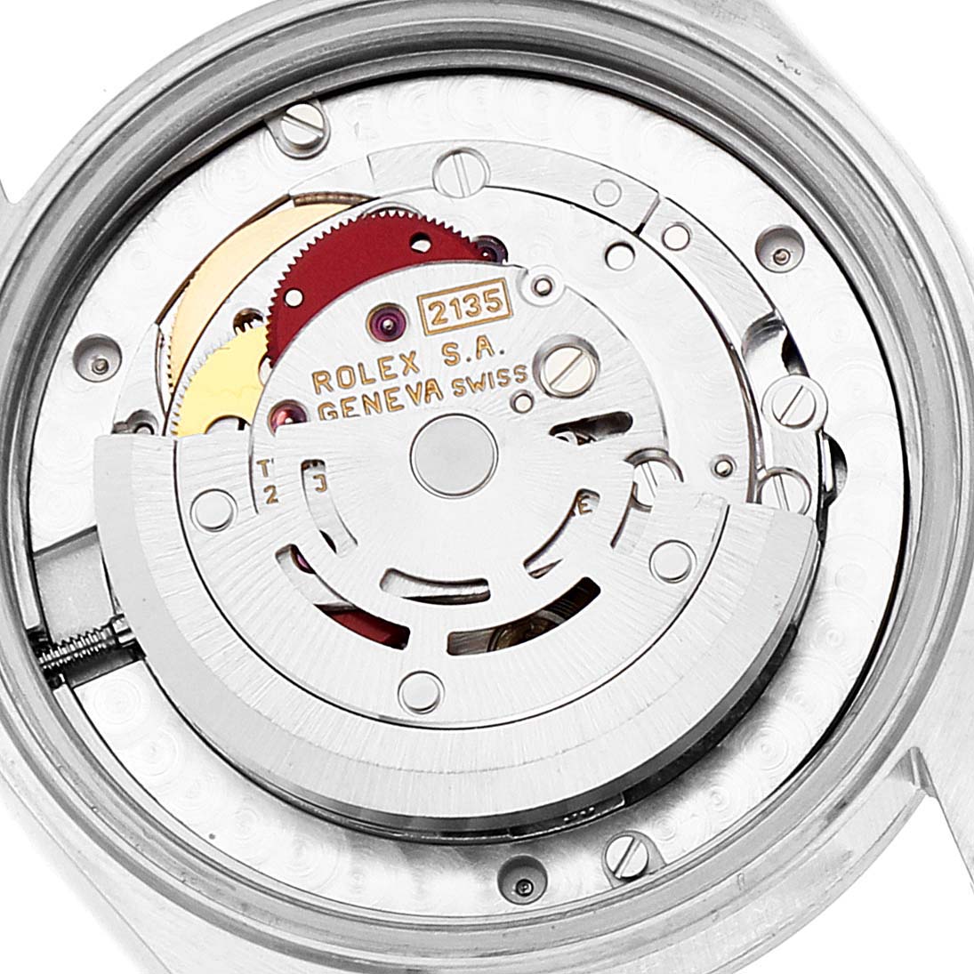 This image shows the internal mechanism of a Rolex Mid-Size 68240 Women
s Stainless Steel Blue Dial 68240 Women
s Stainless Steel Blue Dial model watch from a rear, open caseback angle.