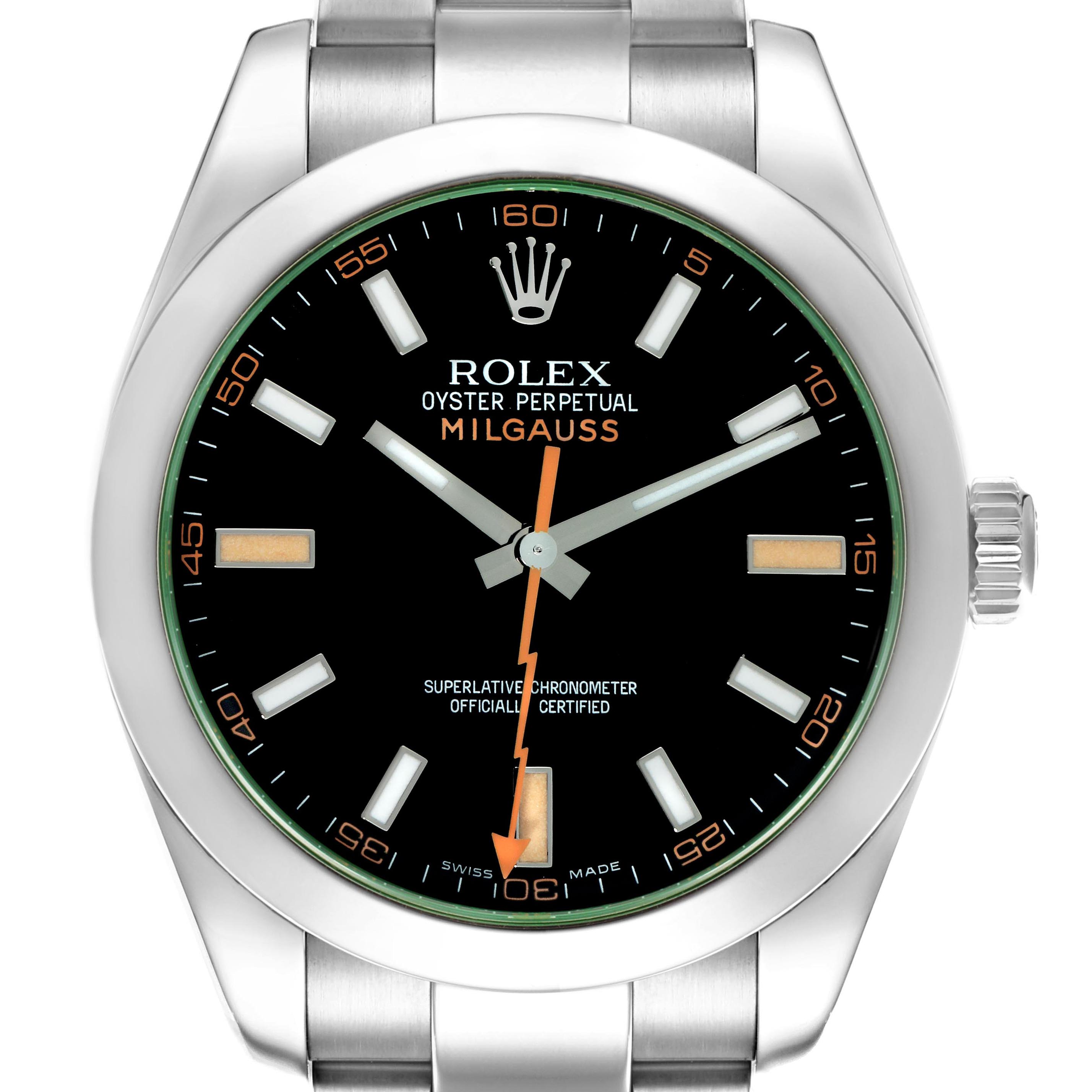 This is a front view of the Rolex Milgauss 116400 Men's Stainless Steel Black Dial 116400 Men's Stainless Steel Black Dial watch, showing the dial, hands, bezel, and part of the bracelet.