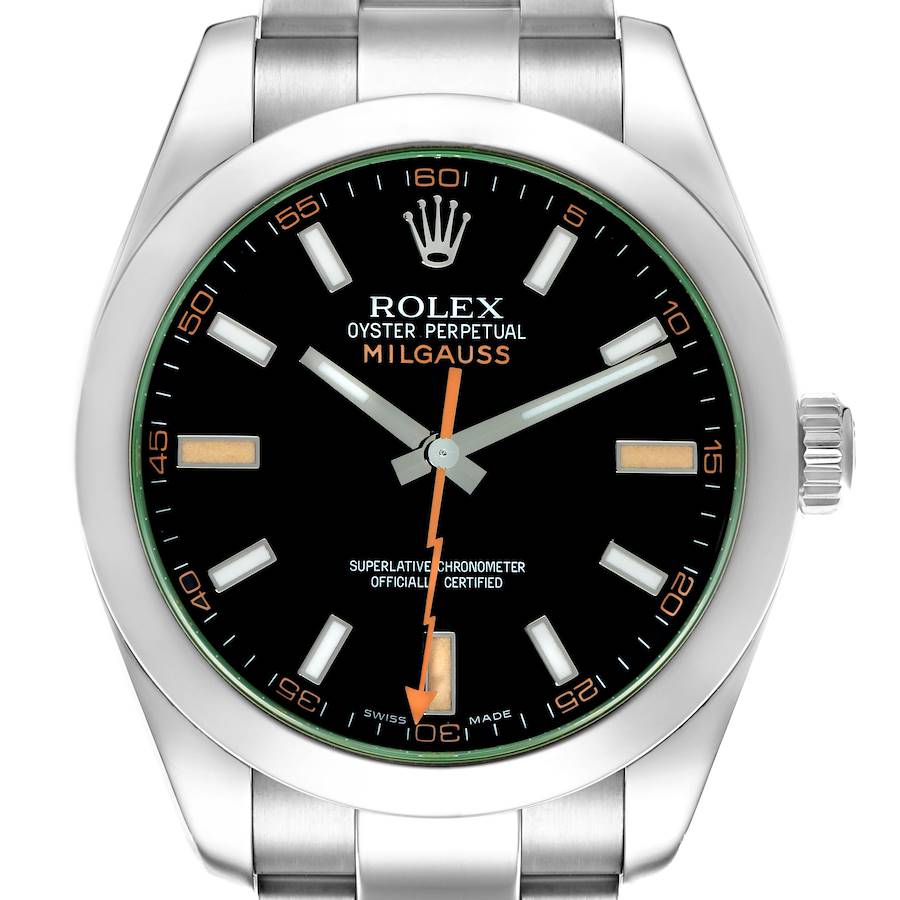 This is a front view of the Rolex Milgauss watch, showing the dial, hands, bezel, and part of the bracelet.