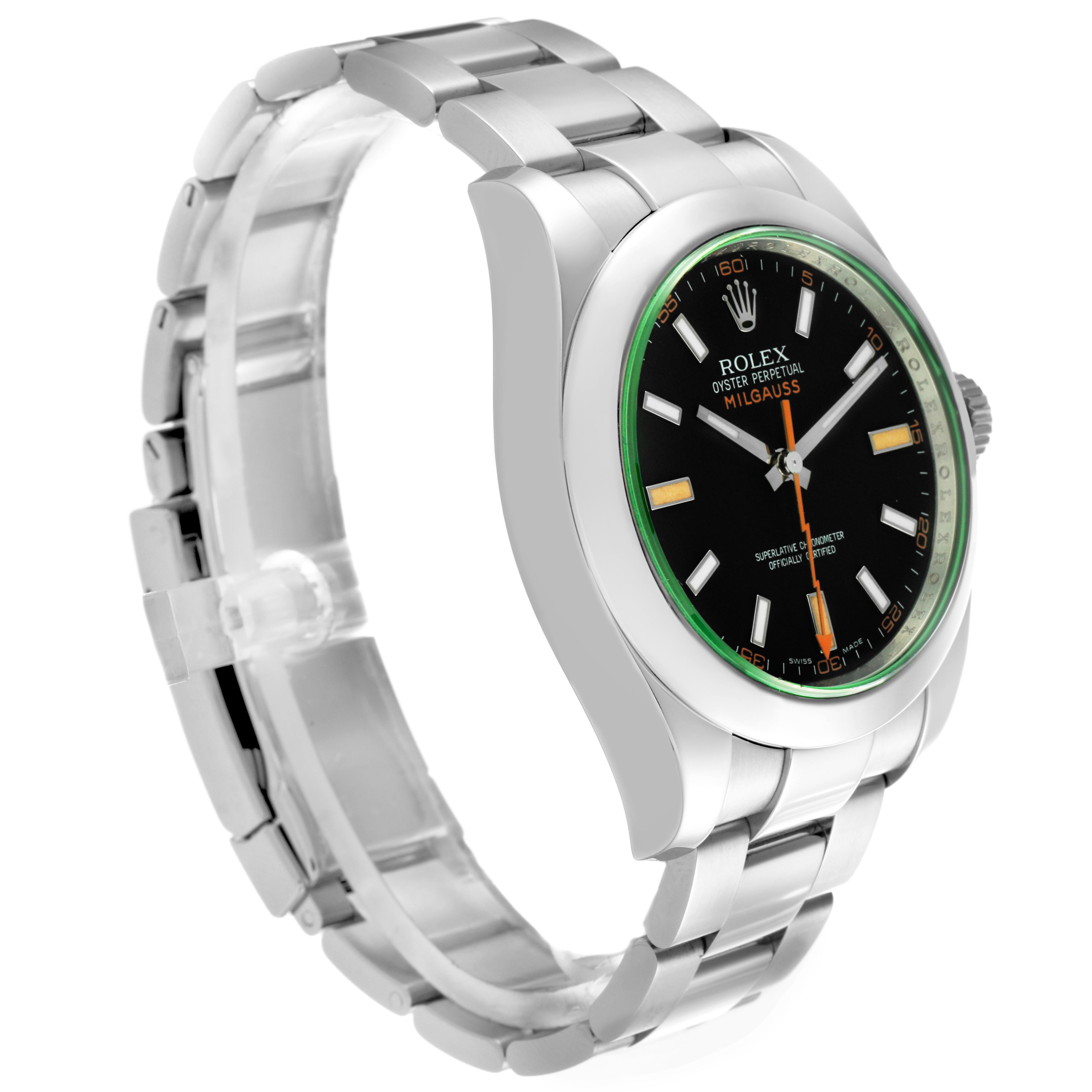 The Rolex Milgauss 116400 Men's Stainless Steel Black Dial 116400 Men's Stainless Steel Black Dial watch is shown at a side angle, highlighting the face, bezel, crown, and part of the bracelet.