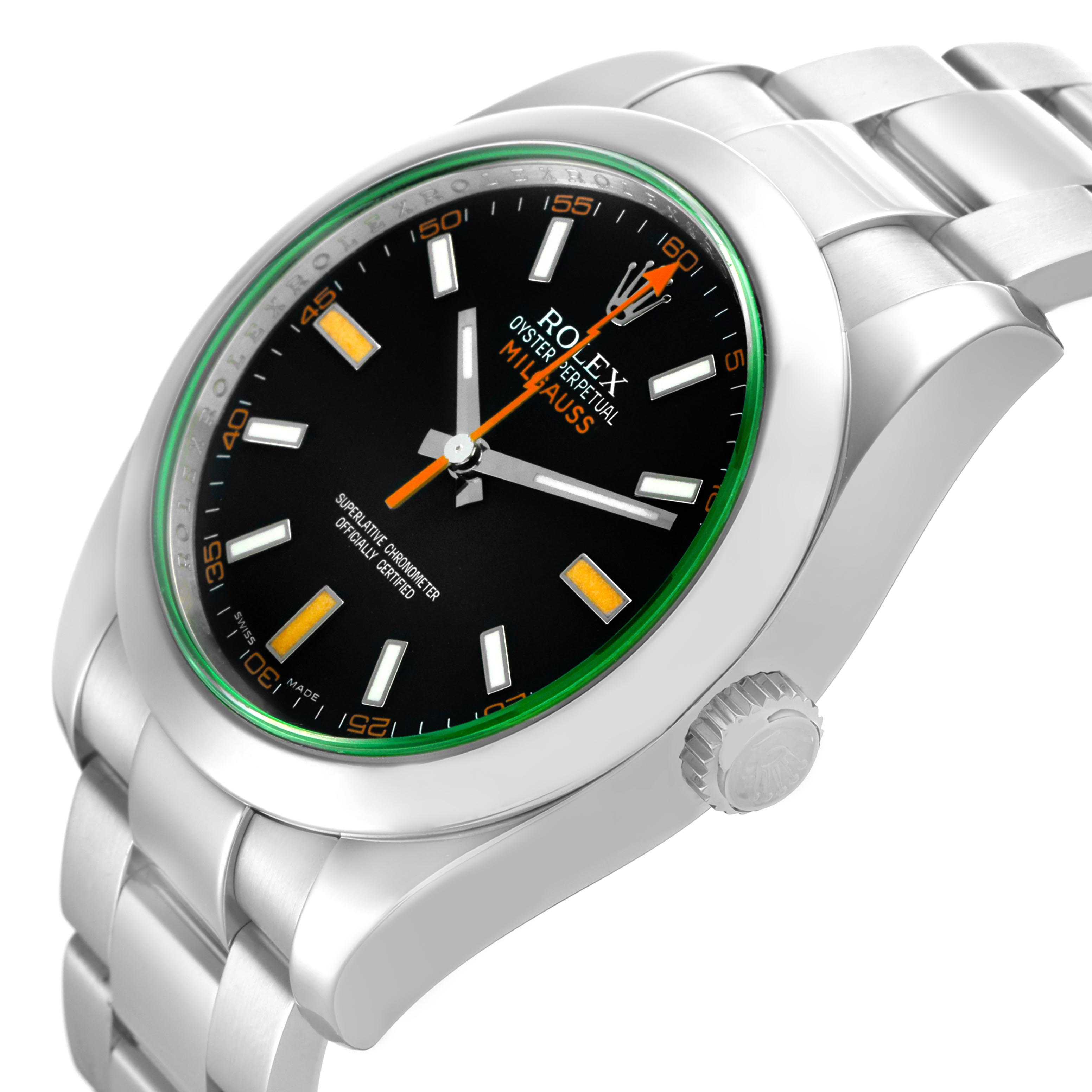 The Rolex Milgauss 116400 Men's Stainless Steel Black Dial 116400 Men's Stainless Steel Black Dial watch is shown at an angled close-up, displaying the dial, crown, and part of the bracelet.