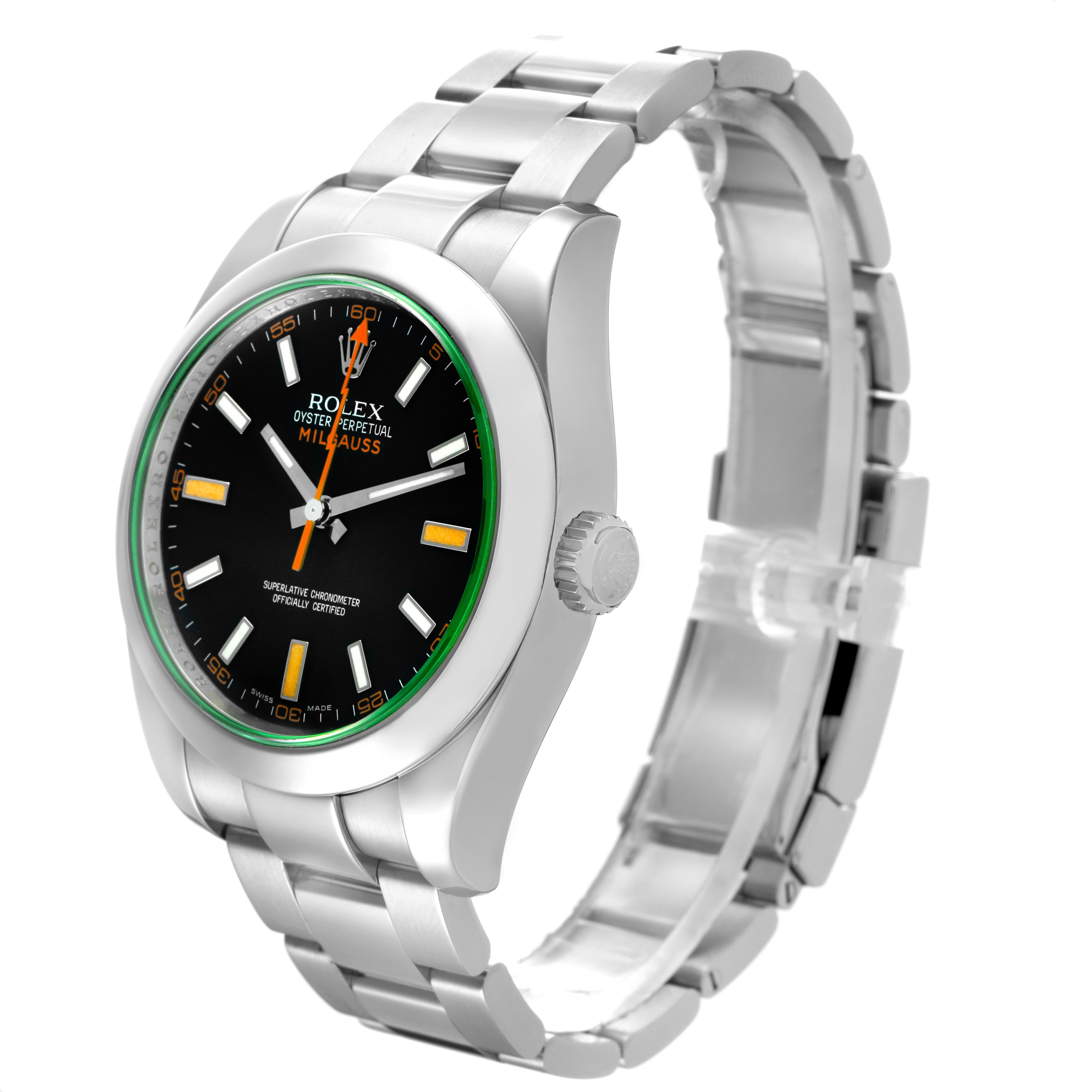 The Rolex Milgauss 116400 Men's Stainless Steel Black Dial 116400 Men's Stainless Steel Black Dial watch is shown from an angled view, displaying the face, crown, and stainless steel bracelet.
