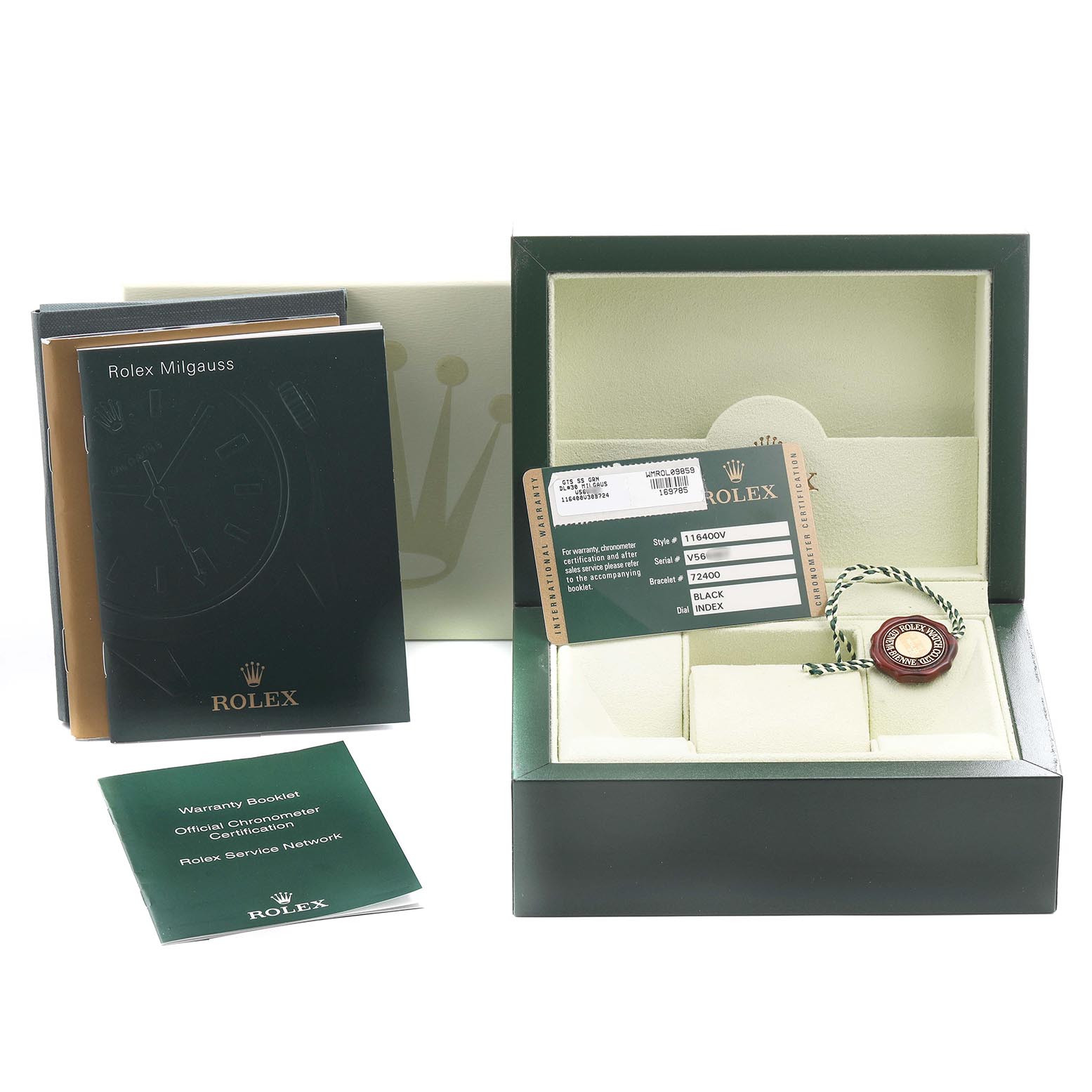 The image shows a Rolex Milgauss 116400 Men's Stainless Steel Black Dial 116400 Men's Stainless Steel Black Dial box, warranty booklet, manuals, hang tag, and certification card, all seen from a front angle.