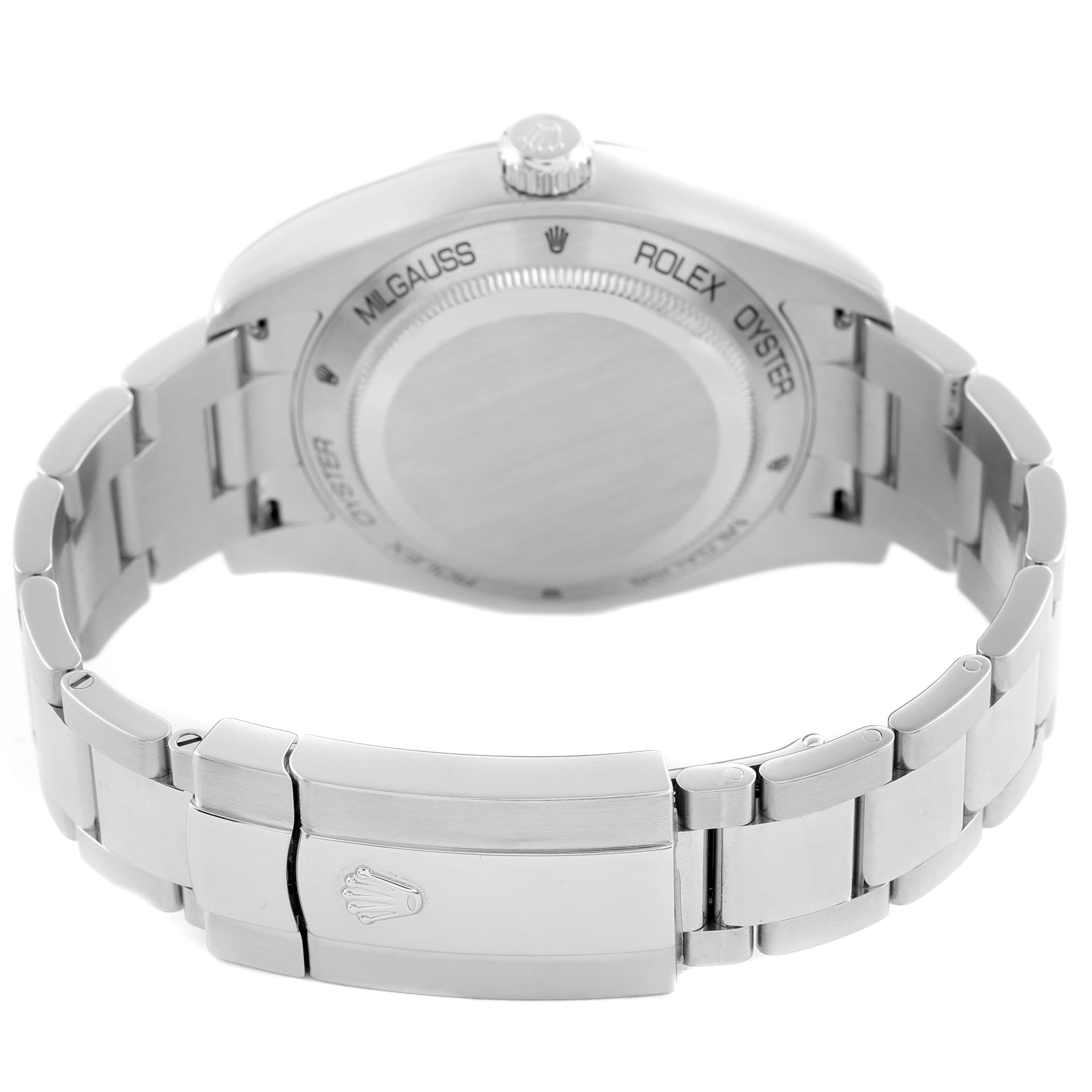 The image shows the back of the Rolex Milgauss 116400 Men's Stainless Steel Black Dial 116400 Men's Stainless Steel Black Dial watch, highlighting the bracelet and clasp.