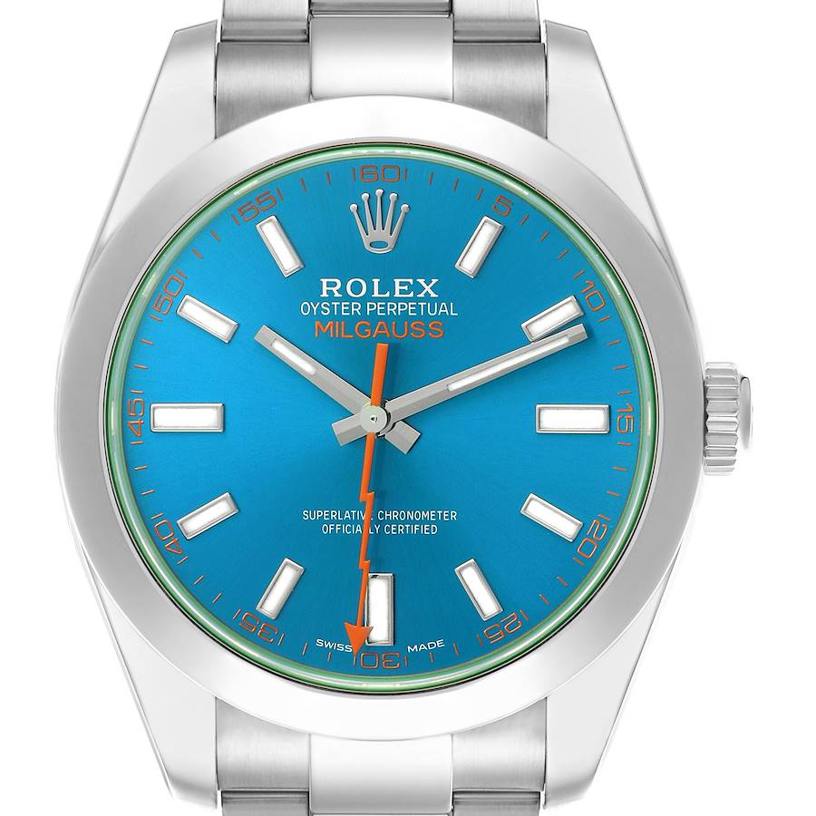 The image shows a front view of the Rolex Milgauss watch, highlighting the blue dial, bold orange seconds hand, and stainless steel case.