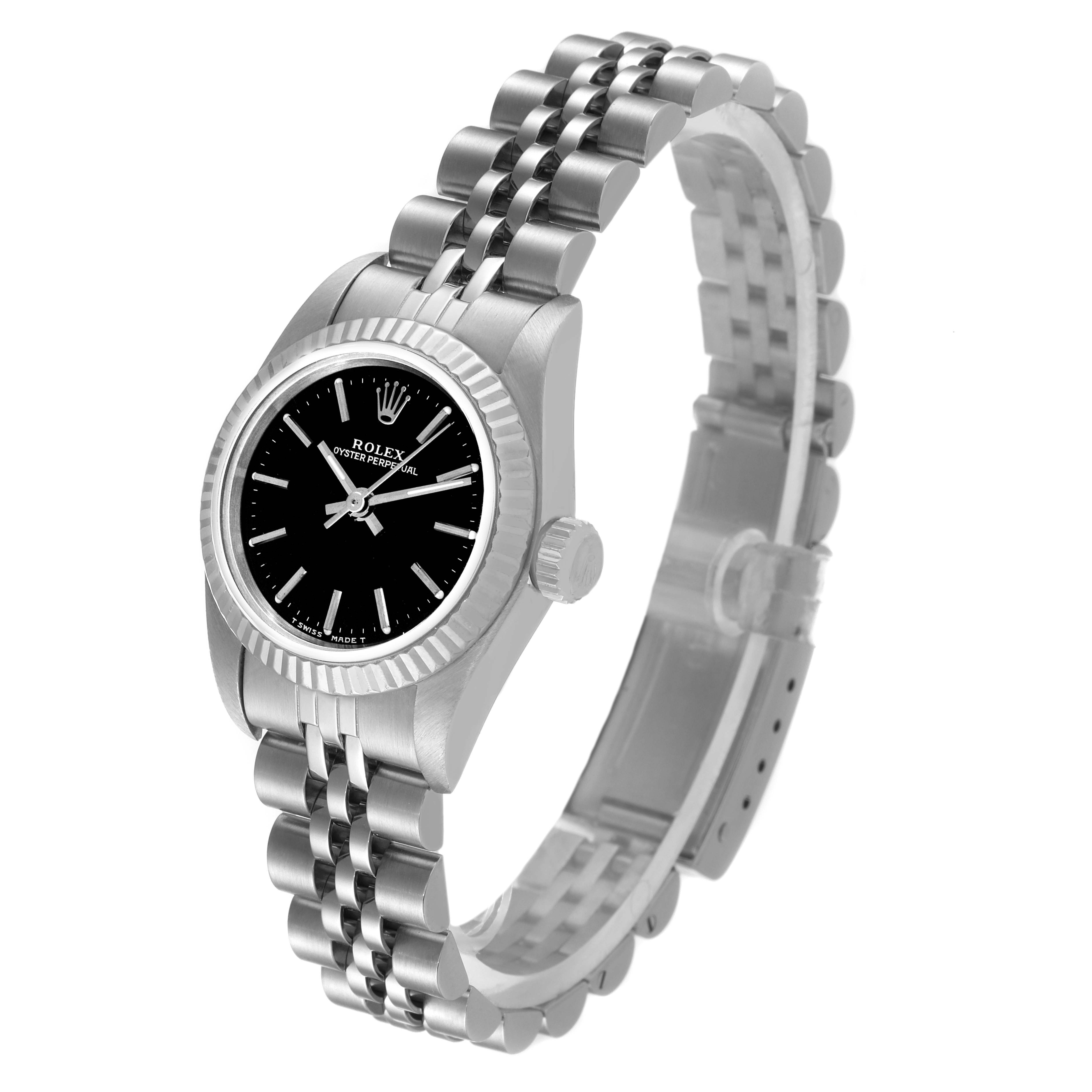 The Rolex Oyster Perpetual 67194 Women's Stainless Steel Black Dial 67194 Women's Stainless Steel Black Dial watch is shown at a slight angle, displaying its black dial, fluted bezel, and Jubilee bracelet.