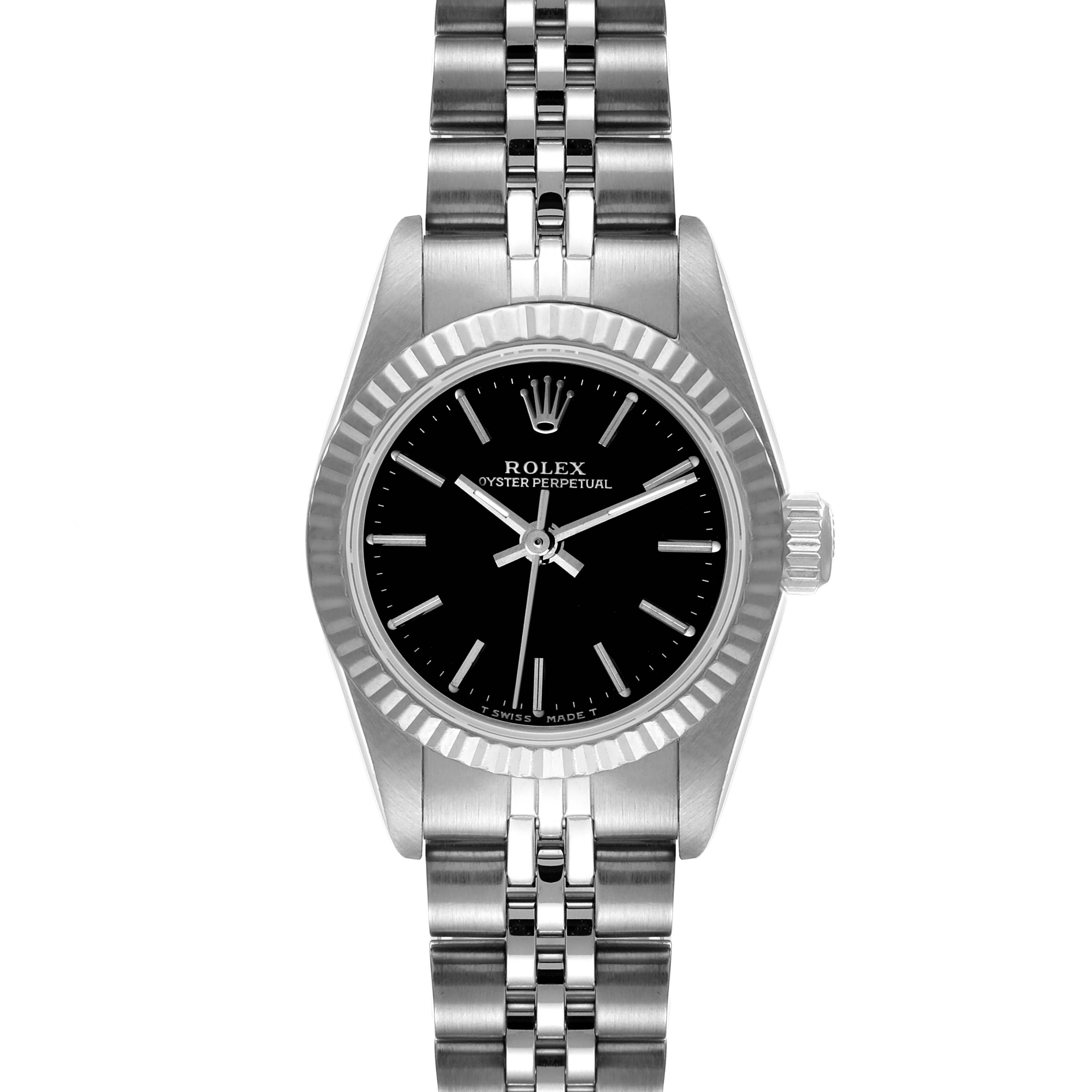 This image shows a front view of the Rolex Oyster Perpetual 67194 Women's Stainless Steel Black Dial 67194 Women's Stainless Steel Black Dial watch, highlighting the dial, bezel, and bracelet.