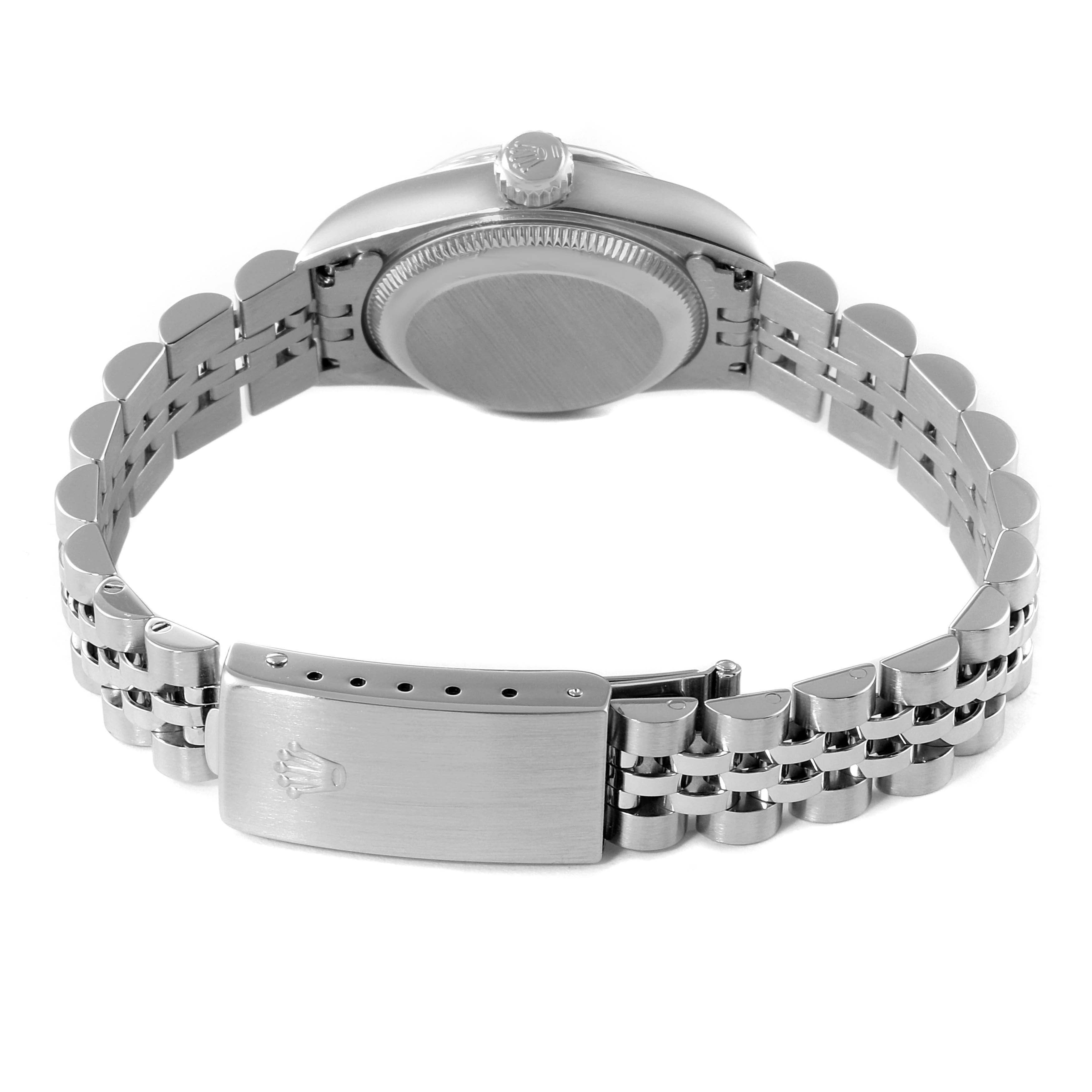 This image shows the back view of a Rolex Oyster Perpetual 67194 Women's Stainless Steel Black Dial 67194 Women's Stainless Steel Black Dial watch, highlighting the bracelet and clasp.