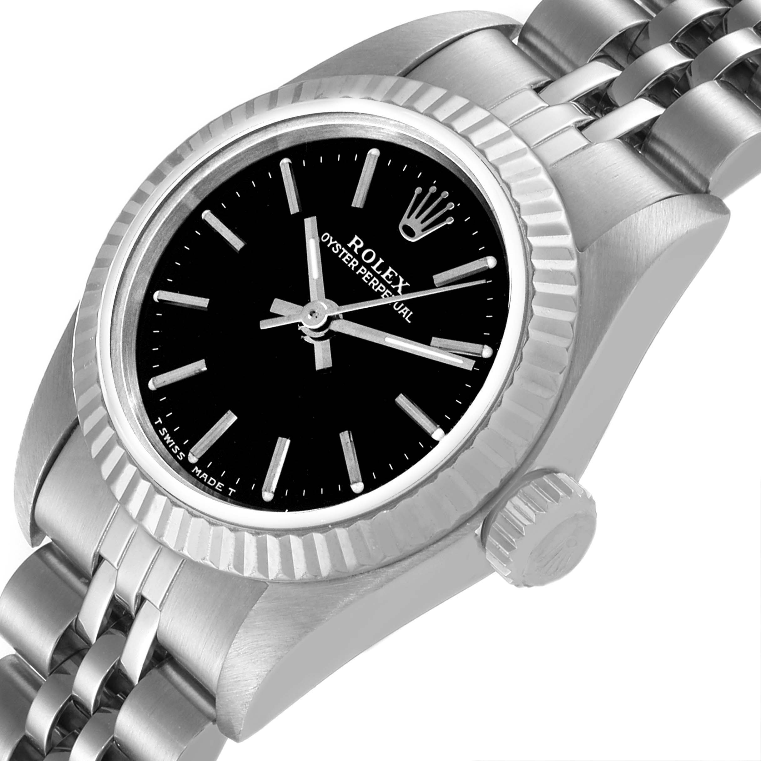 The image shows the face and side of the Rolex Oyster Perpetual 67194 Women's Stainless Steel Black Dial 67194 Women's Stainless Steel Black Dial watch, highlighting the bezel, dial, and part of the bracelet.