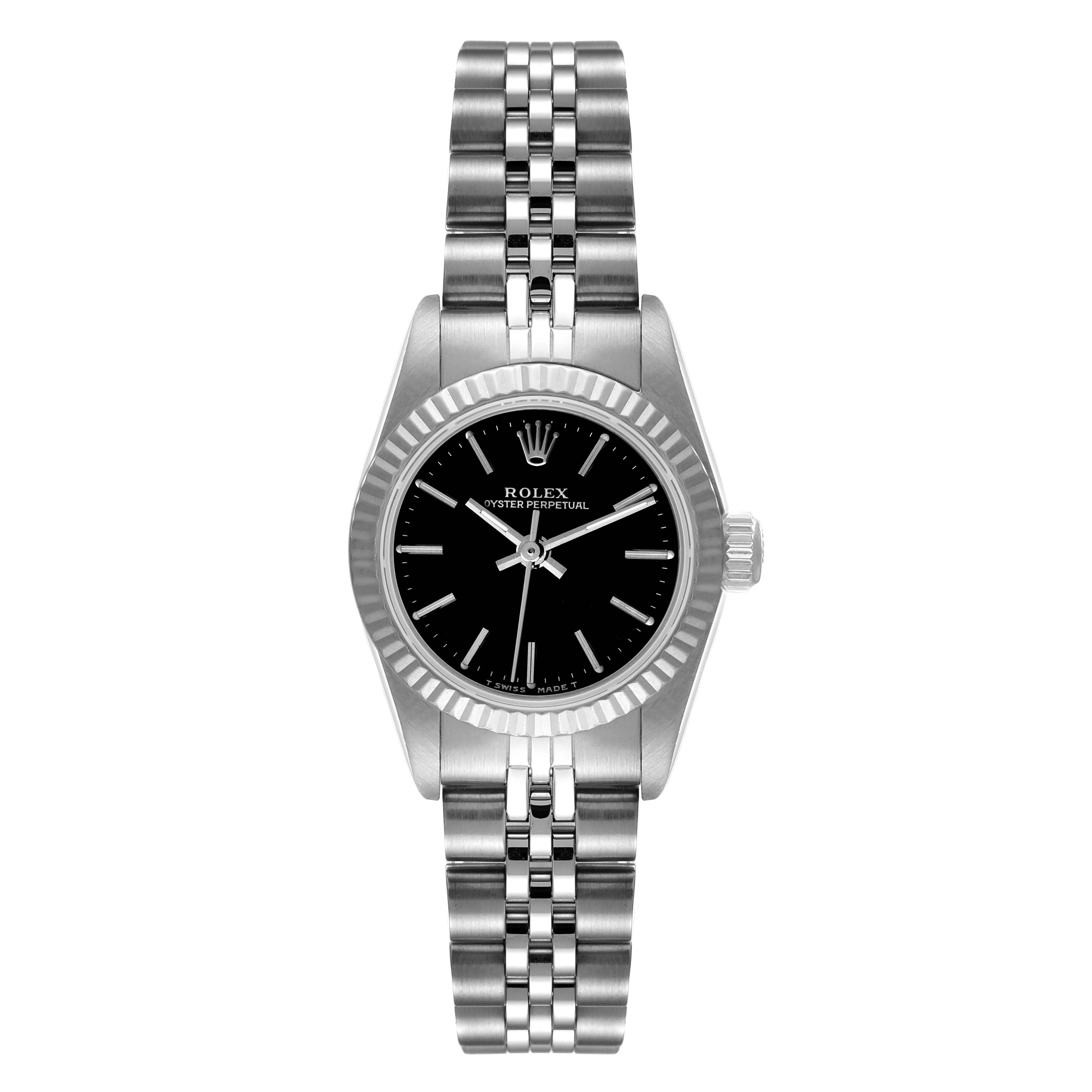This image shows a frontal view of the Rolex Oyster Perpetual 67194 Women's Stainless Steel Black Dial 67194 Women's Stainless Steel Black Dial watch, highlighting its face, bezel, and bracelet.
