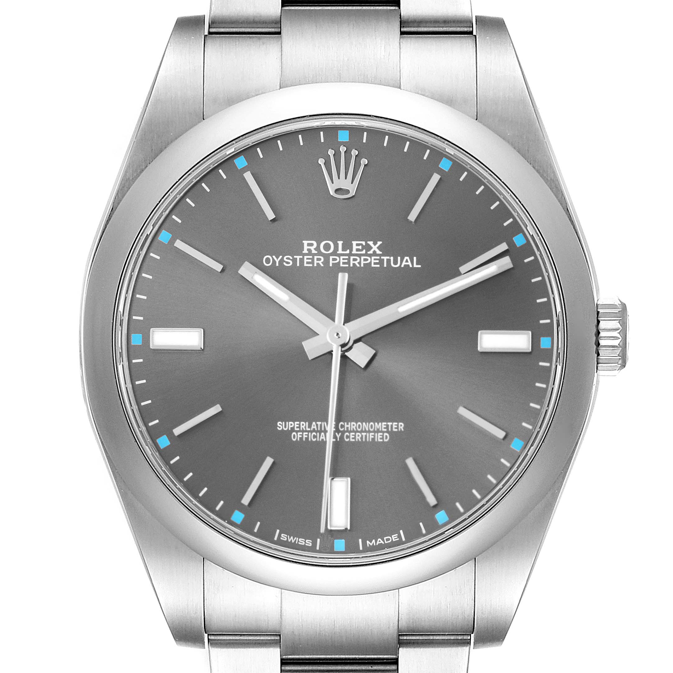 The Rolex Oyster Perpetual 114300 Men's Stainless Steel Grey Dial 114300 Men's Stainless Steel Grey Dial watch is shown from a front angle, displaying the dial, hour markers, and metal bracelet.