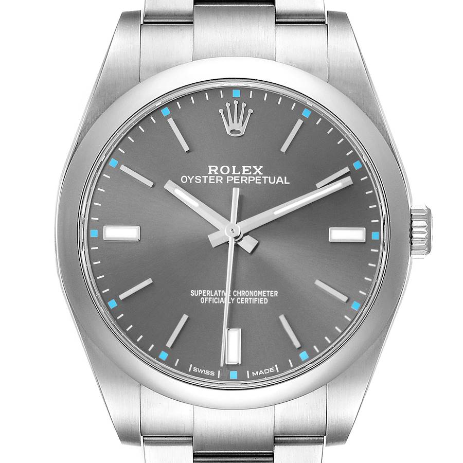 The Rolex Oyster Perpetual watch is shown from a front angle, displaying the dial, hour markers, and metal bracelet.