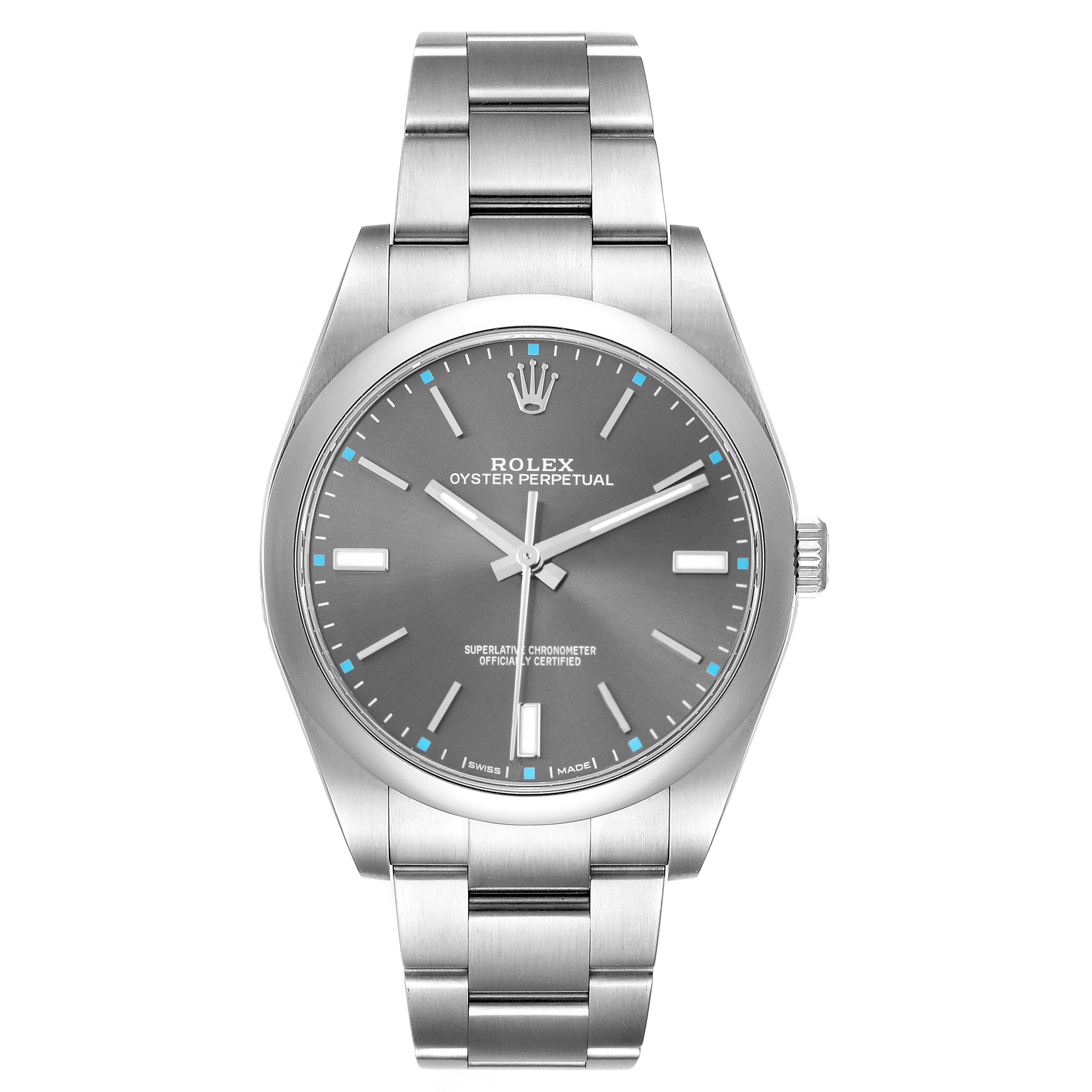 The Rolex Oyster Perpetual 114300 Men's Stainless Steel Grey Dial 114300 Men's Stainless Steel Grey Dial watch is shown from a top view, highlighting the dial, hands, bezel, and bracelet.