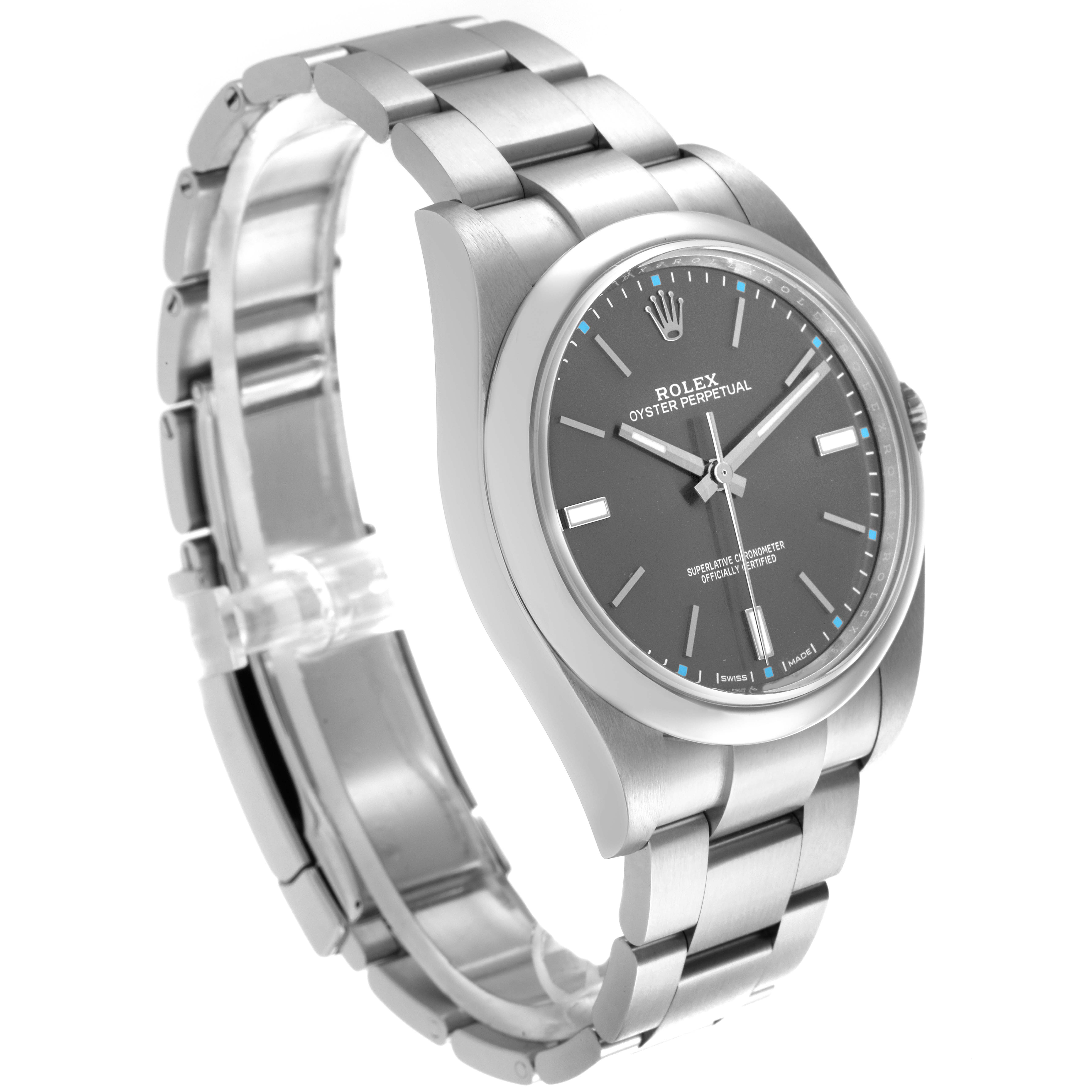 The Rolex Oyster Perpetual 114300 Men's Stainless Steel Grey Dial 114300 Men's Stainless Steel Grey Dial watch is shown from a three-quarter angle, highlighting the face, bezel, and part of the bracelet.