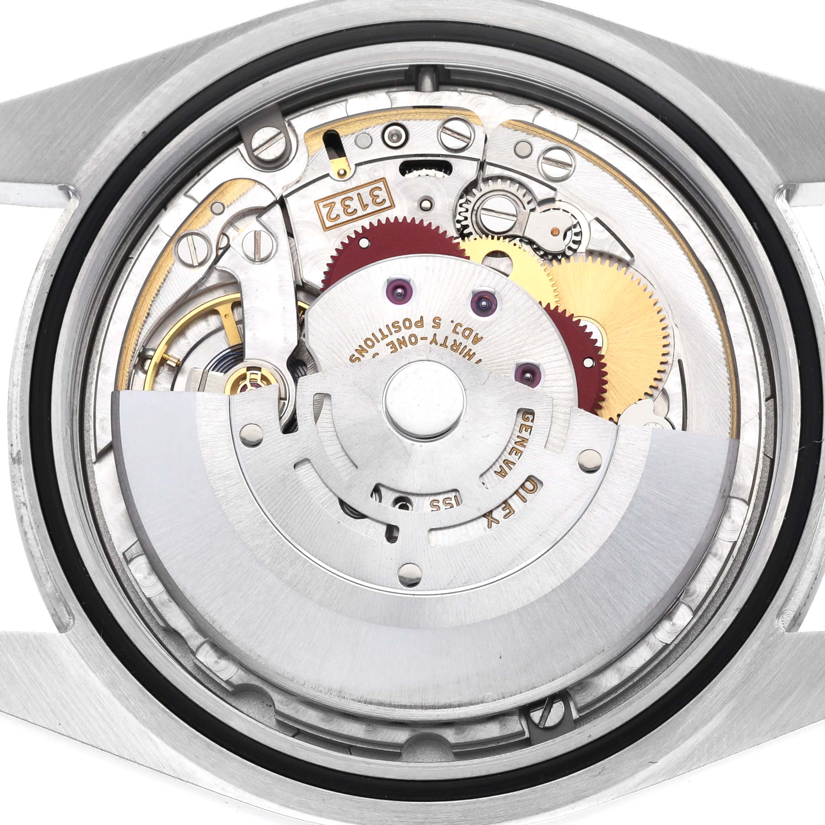 The image shows a close-up view of the Rolex Oyster Perpetual 114300 Men's Stainless Steel Grey Dial 114300 Men's Stainless Steel Grey Dial's movement with visible gears and rotor.