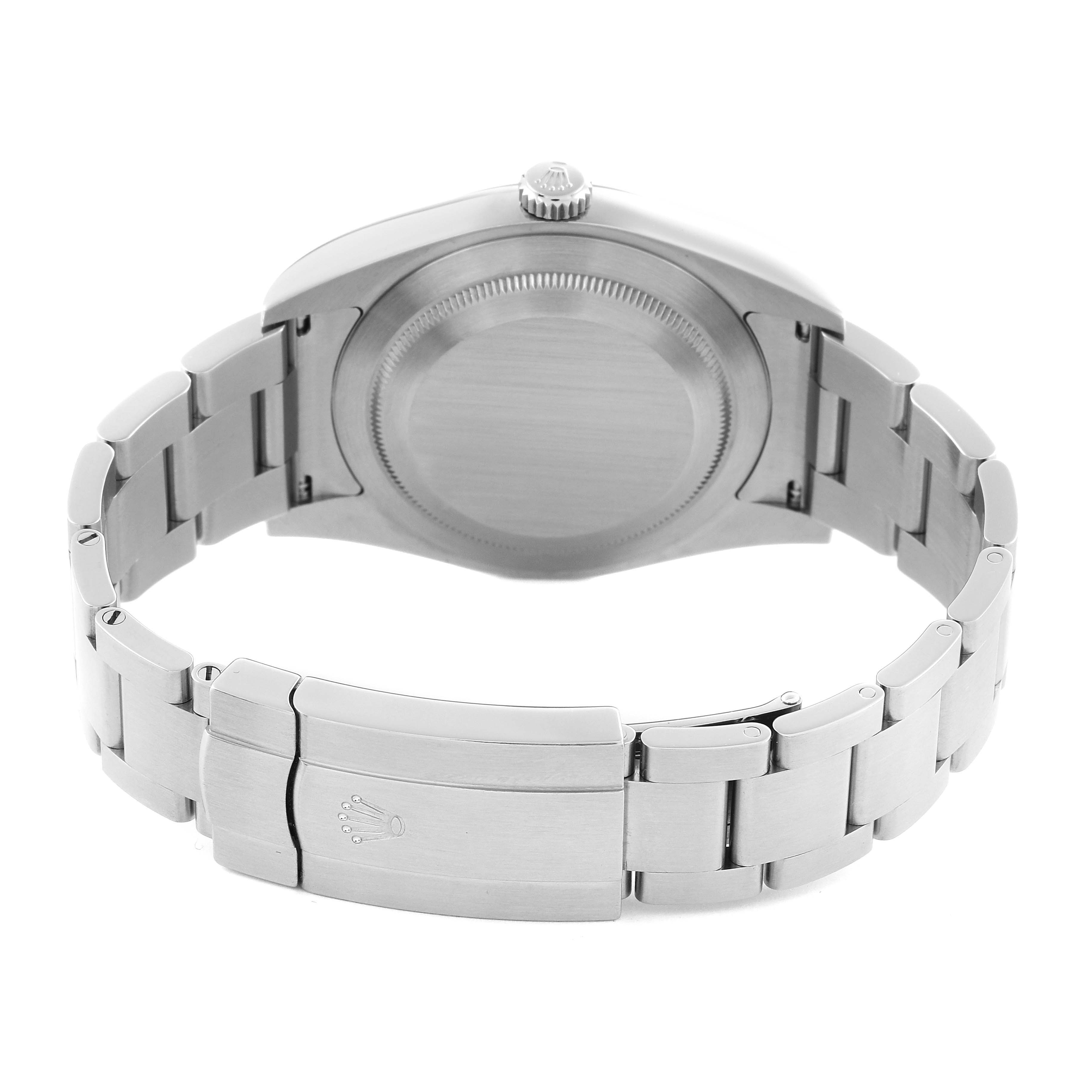 The Rolex Oyster Perpetual 114300 Men's Stainless Steel Blue Dial 114300 Men's Stainless Steel Blue Dial watch is shown from the back, displaying the closed clasp and bracelet.