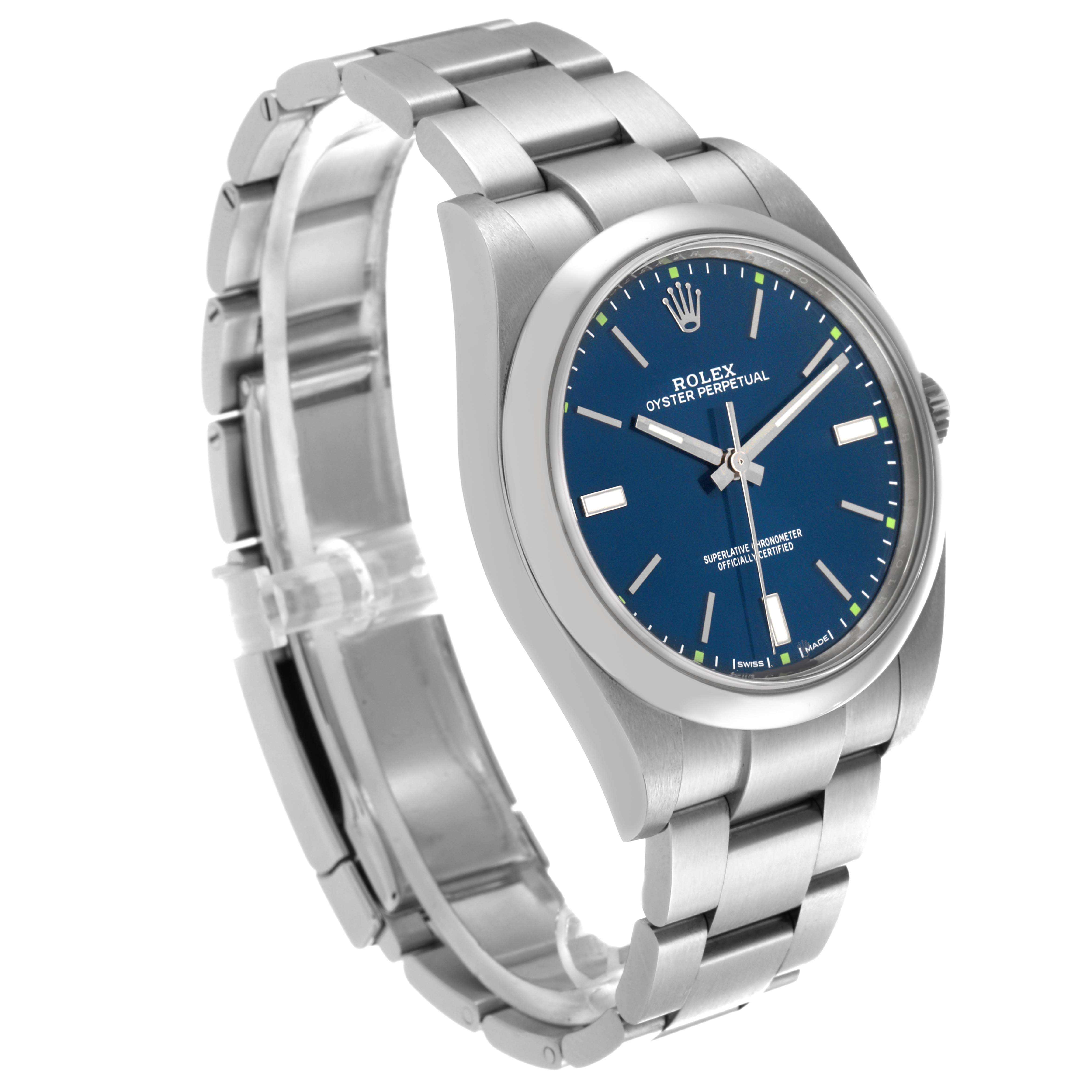 The Rolex Oyster Perpetual 114300 Men's Stainless Steel Blue Dial 114300 Men's Stainless Steel Blue Dial watch is shown at a three-quarter angle, displaying the blue dial, bezel, and part of the bracelet.