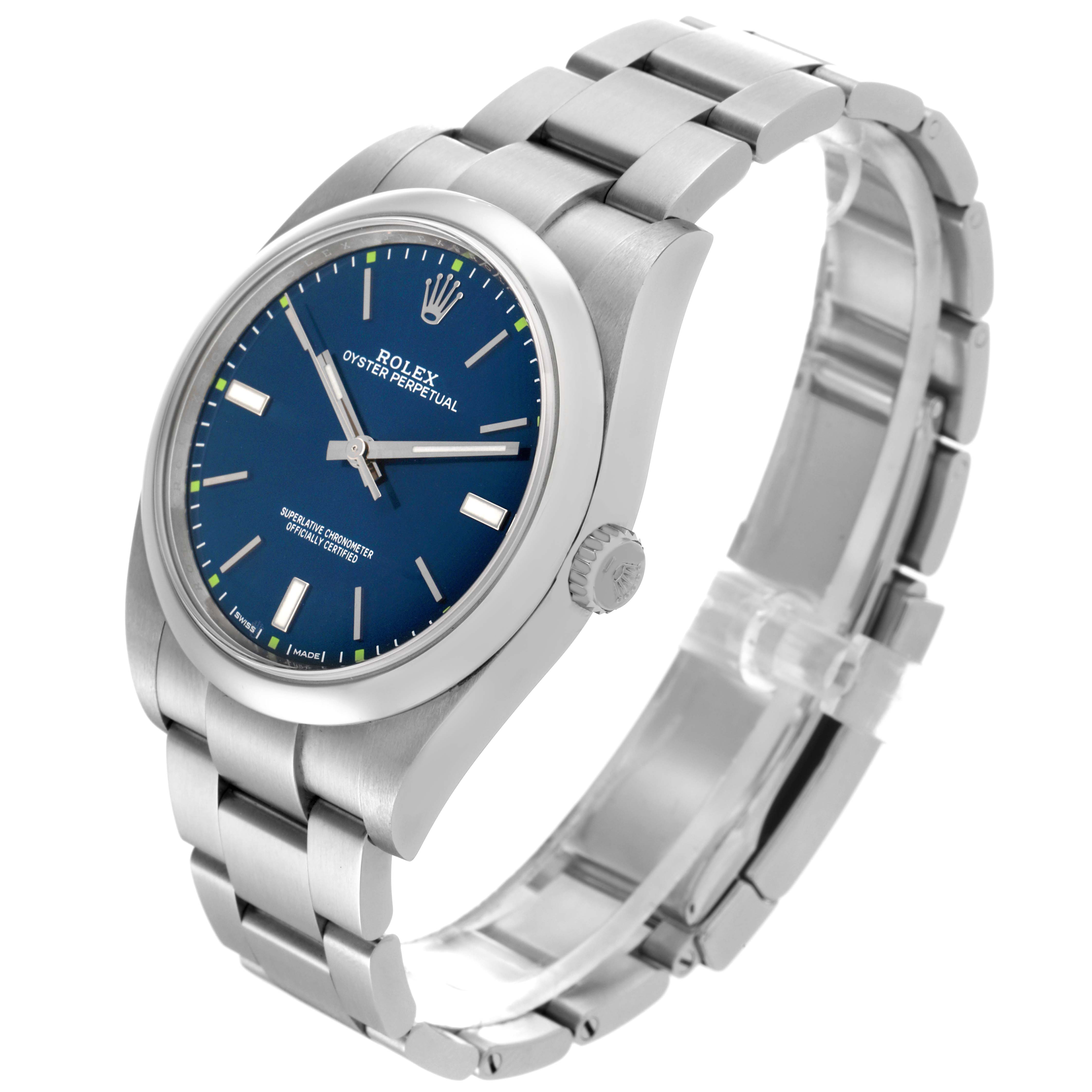 The Rolex Oyster Perpetual 114300 Men's Stainless Steel Blue Dial 114300 Men's Stainless Steel Blue Dial watch is shown at an angled view highlighting the blue dial, bezel, bracelet, and crown.