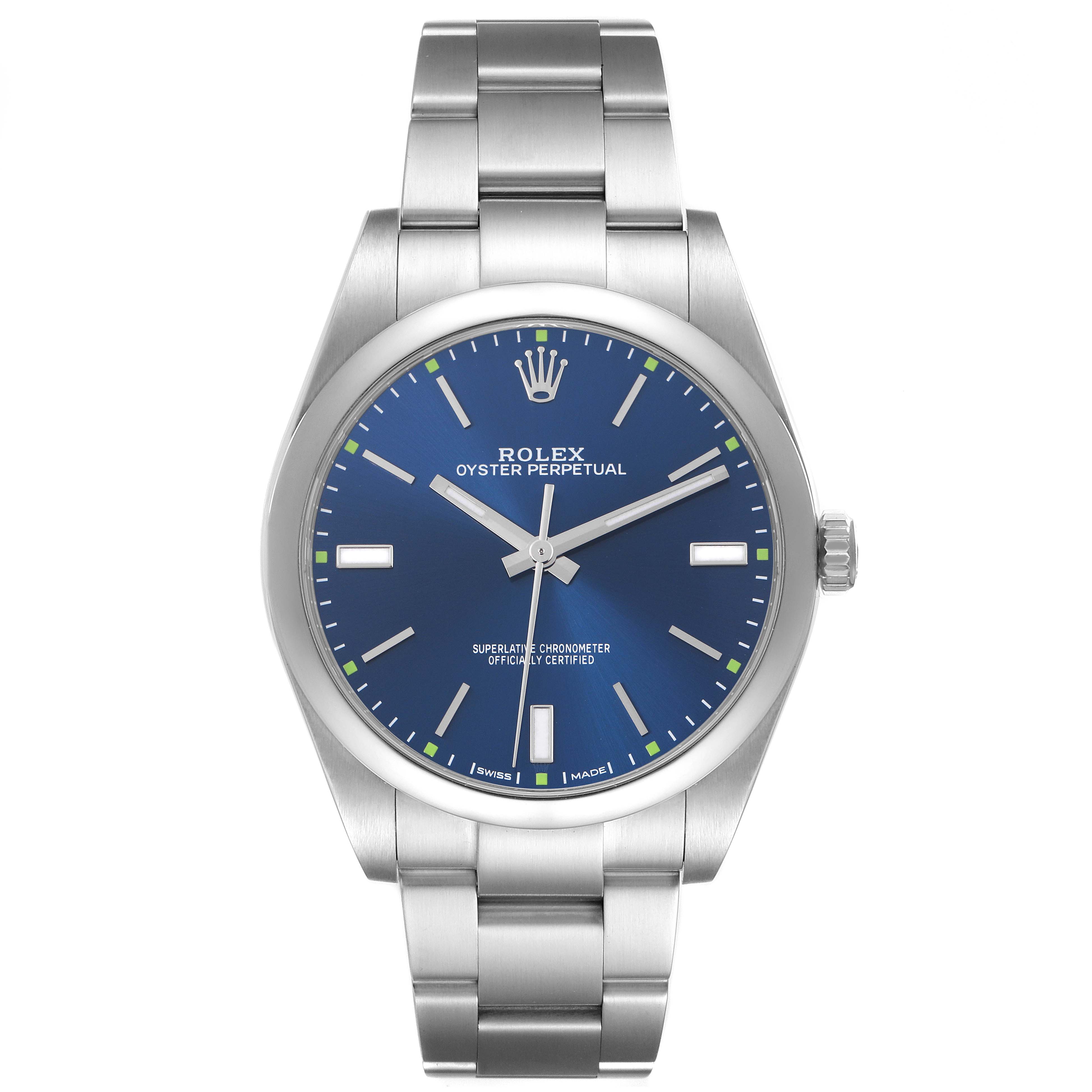 The Rolex Oyster Perpetual 114300 Men's Stainless Steel Blue Dial 114300 Men's Stainless Steel Blue Dial watch is shown from the front, displaying the blue dial, bracelet, and crown.