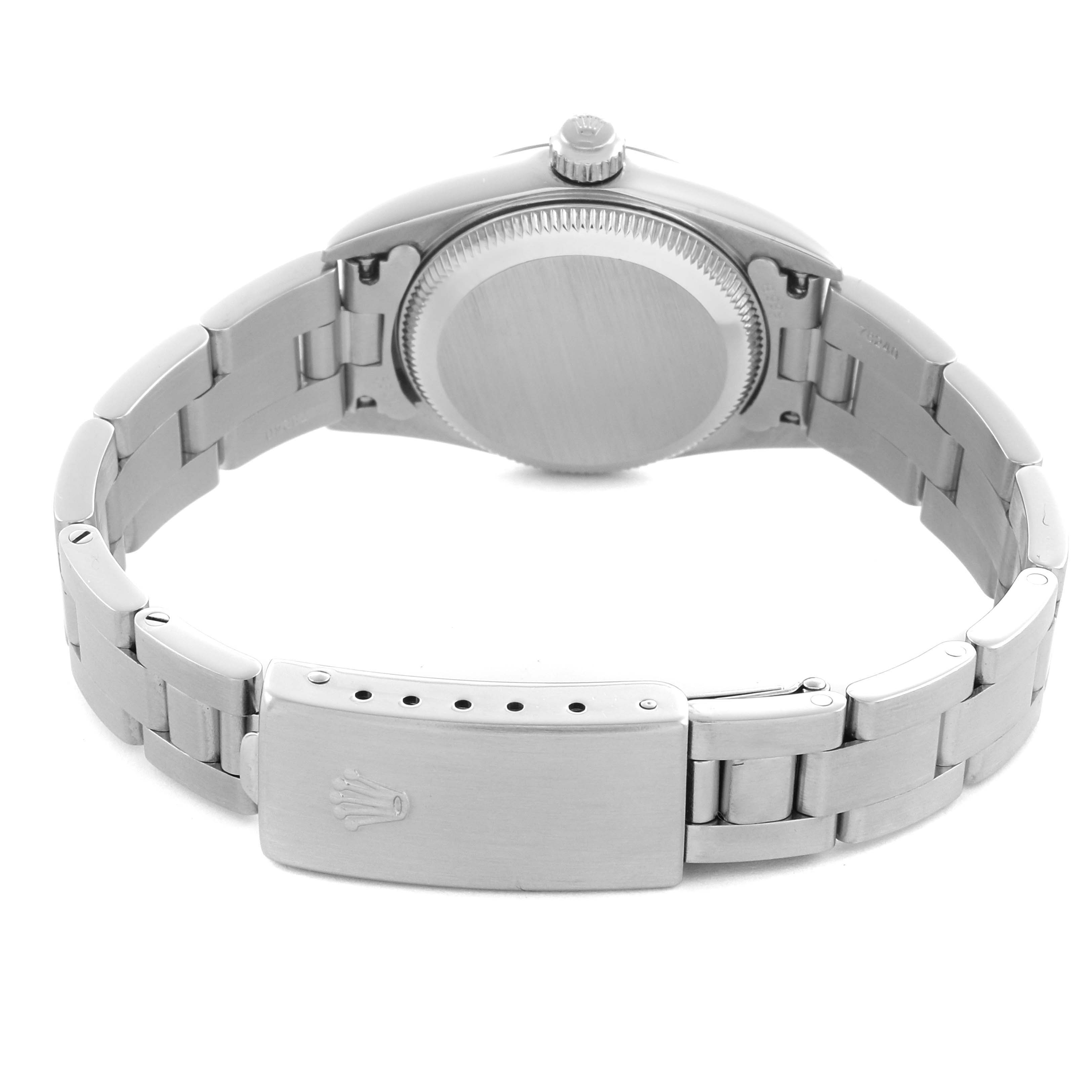 The image shows the back of a Rolex Oyster Perpetual 76080 Women's Stainless Steel Silver Dial 76080 Women's Stainless Steel Silver Dial, highlighting the bracelet and clasp.