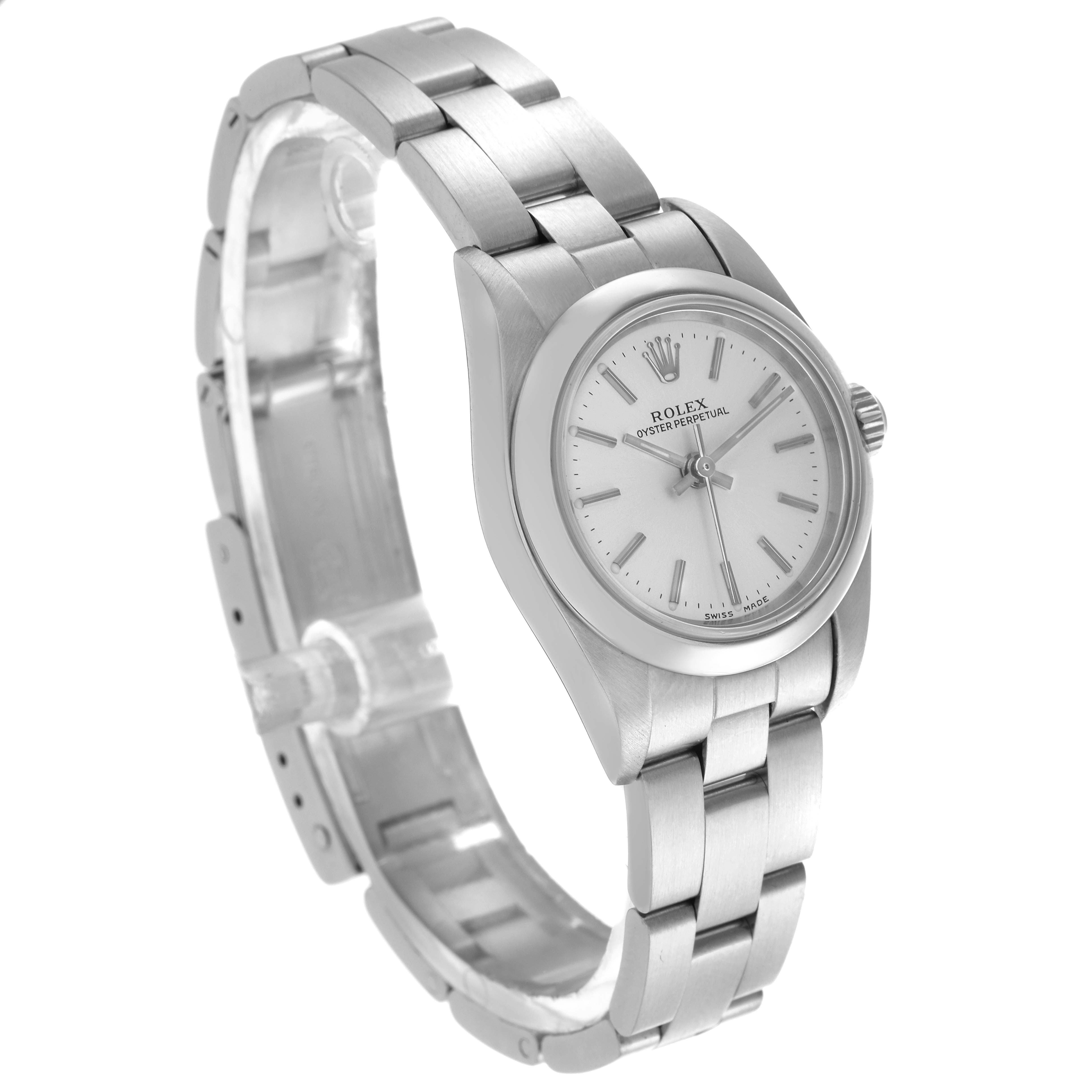 The Rolex Oyster Perpetual 76080 Women's Stainless Steel Silver Dial 76080 Women's Stainless Steel Silver Dial watch is shown at a slight angle, displaying its face, bezel, bracelet, and crown.