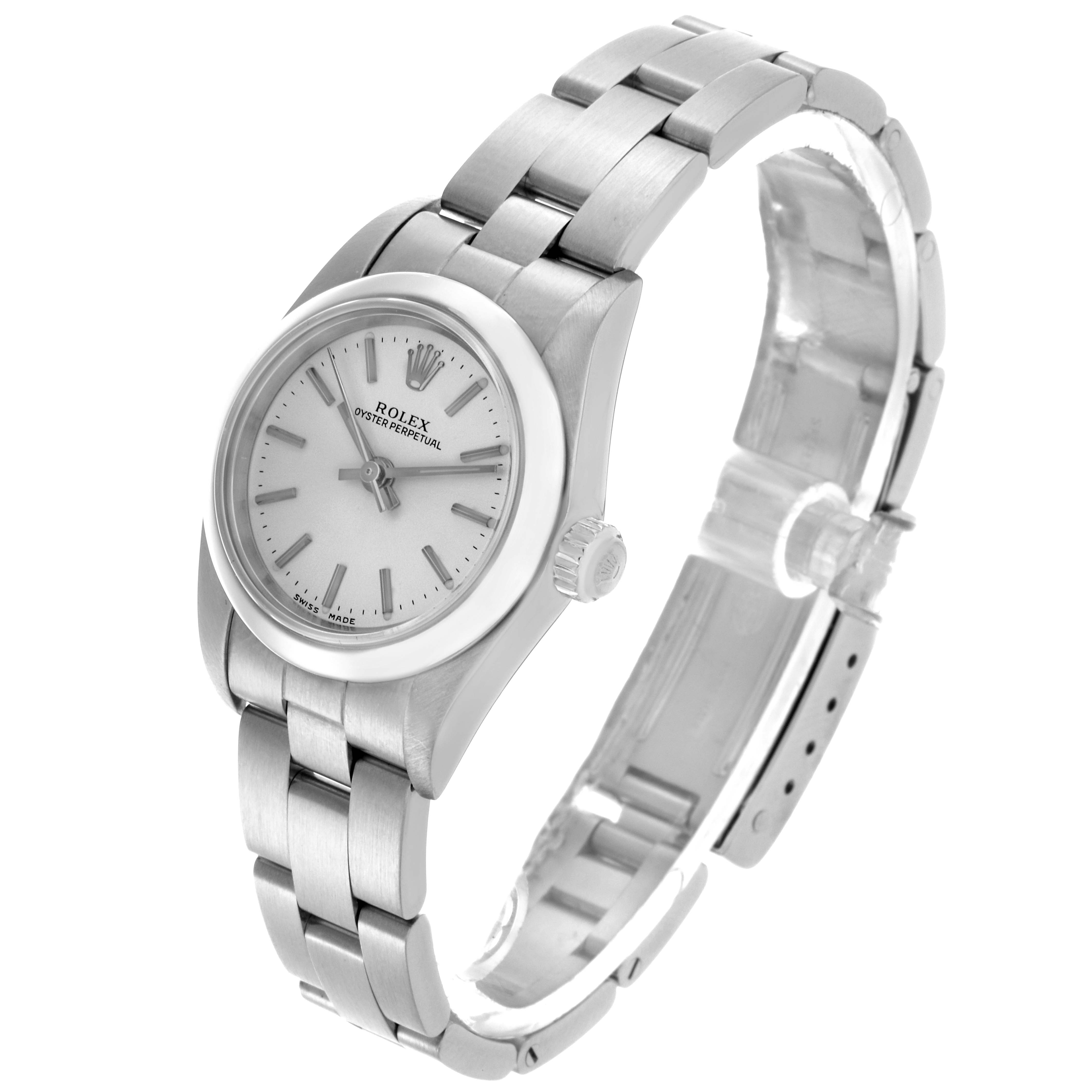 The Rolex Oyster Perpetual 76080 Women's Stainless Steel Silver Dial 76080 Women's Stainless Steel Silver Dial watch is shown at a slight angle, displaying the face, crown, and bracelet.