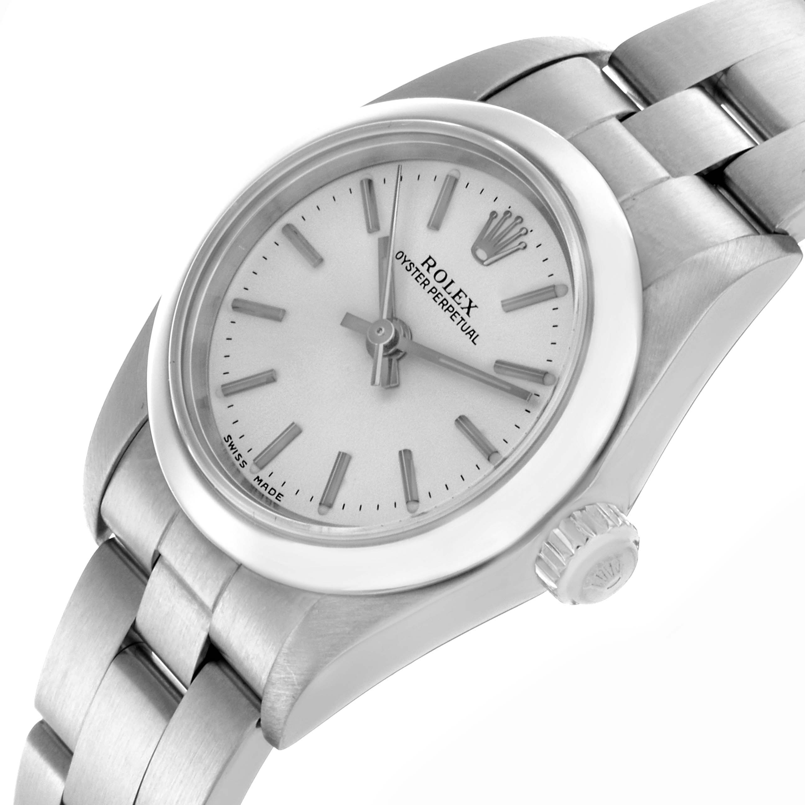 The Rolex Oyster Perpetual 76080 Women's Stainless Steel Silver Dial 76080 Women's Stainless Steel Silver Dial watch is shown at an angle highlighting the dial, crown, and bracelet.