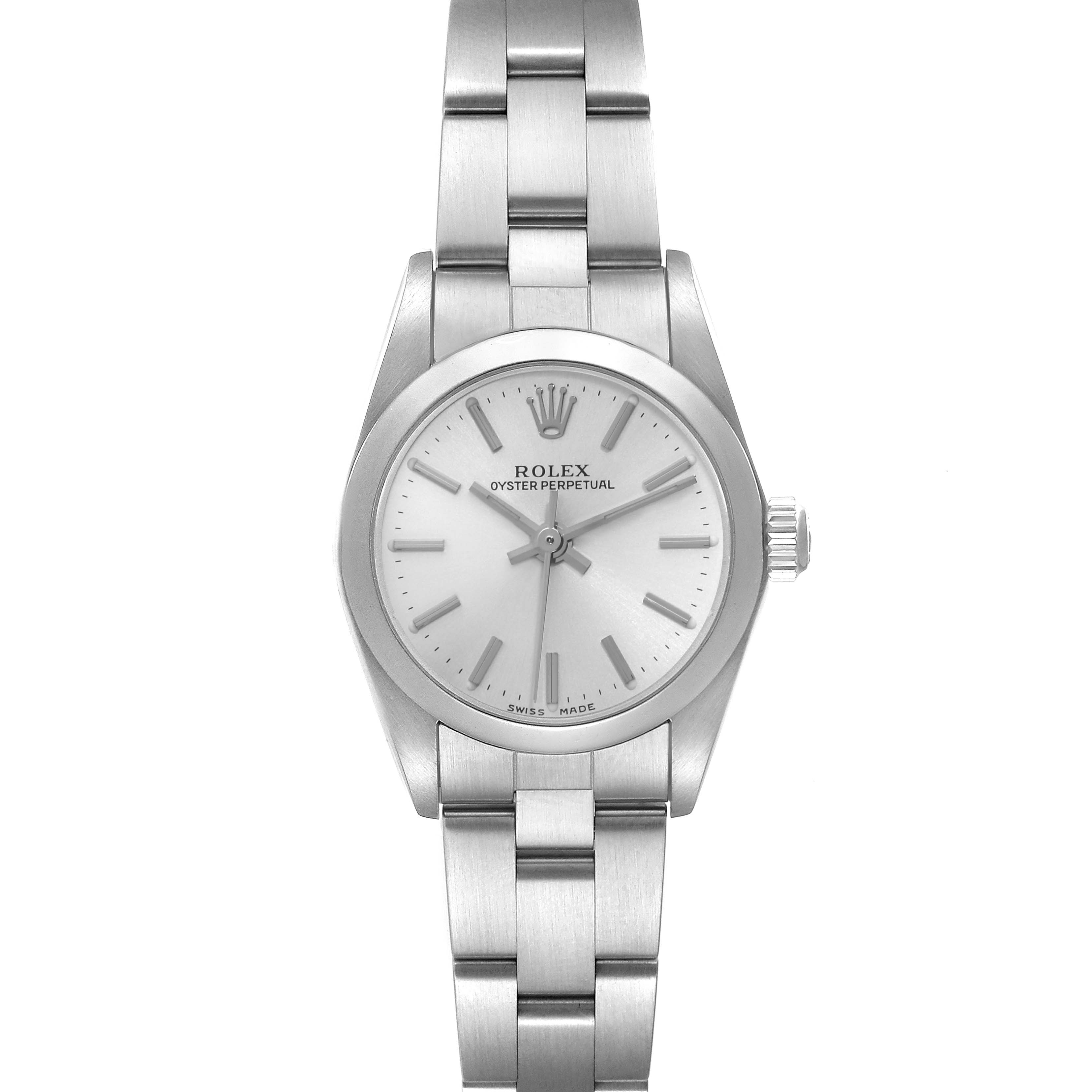 The Rolex Oyster Perpetual 76080 Women's Stainless Steel Silver Dial 76080 Women's Stainless Steel Silver Dial watch is shown from a top-down angle, displaying the face, bezel, crown, and bracelet.