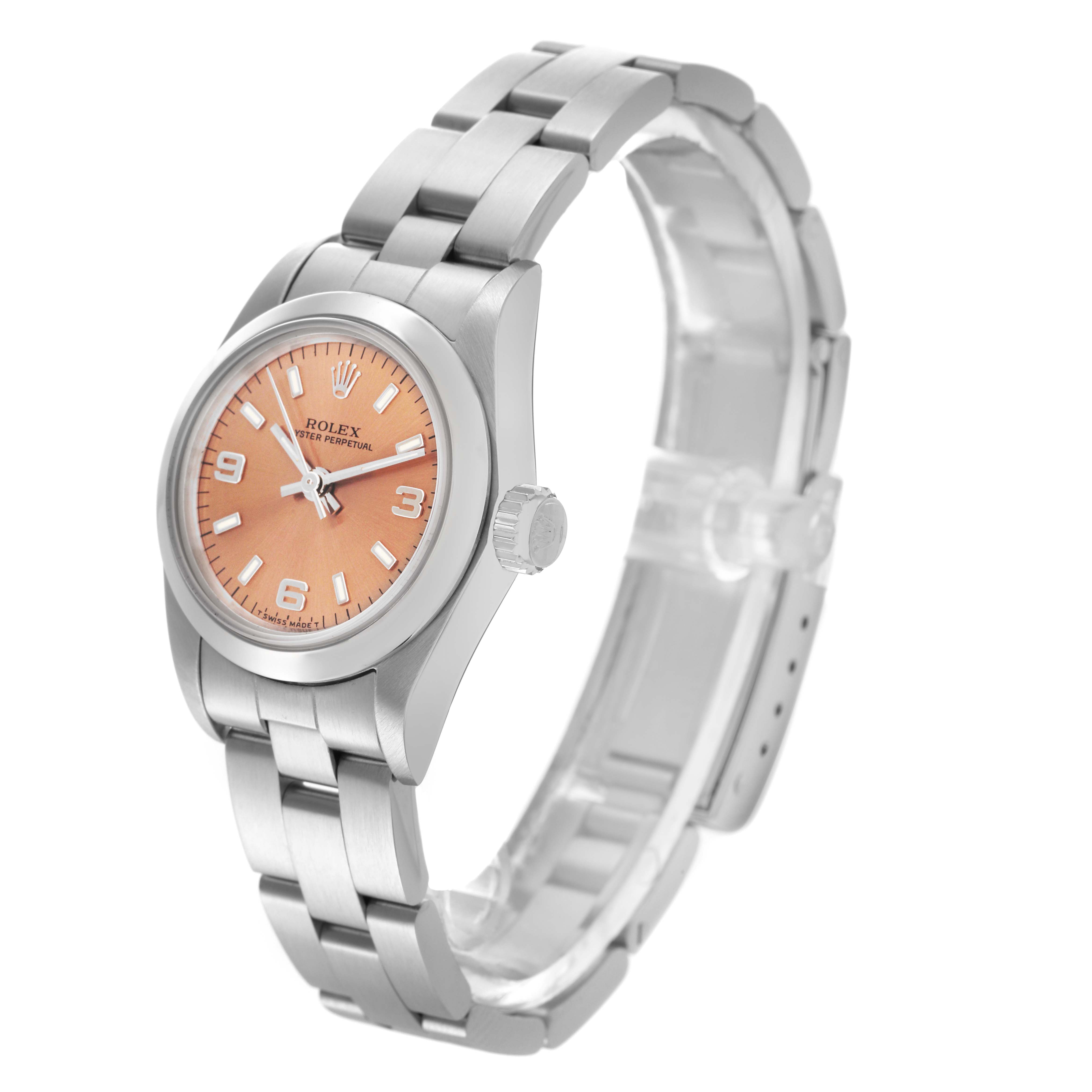 The Rolex Oyster Perpetual 67180 Women's Stainless Steel Pink Dial 67180 Women's Stainless Steel Pink Dial watch is shown at a three-quarter angle, displaying the face, bezel, crown, and part of the bracelet.