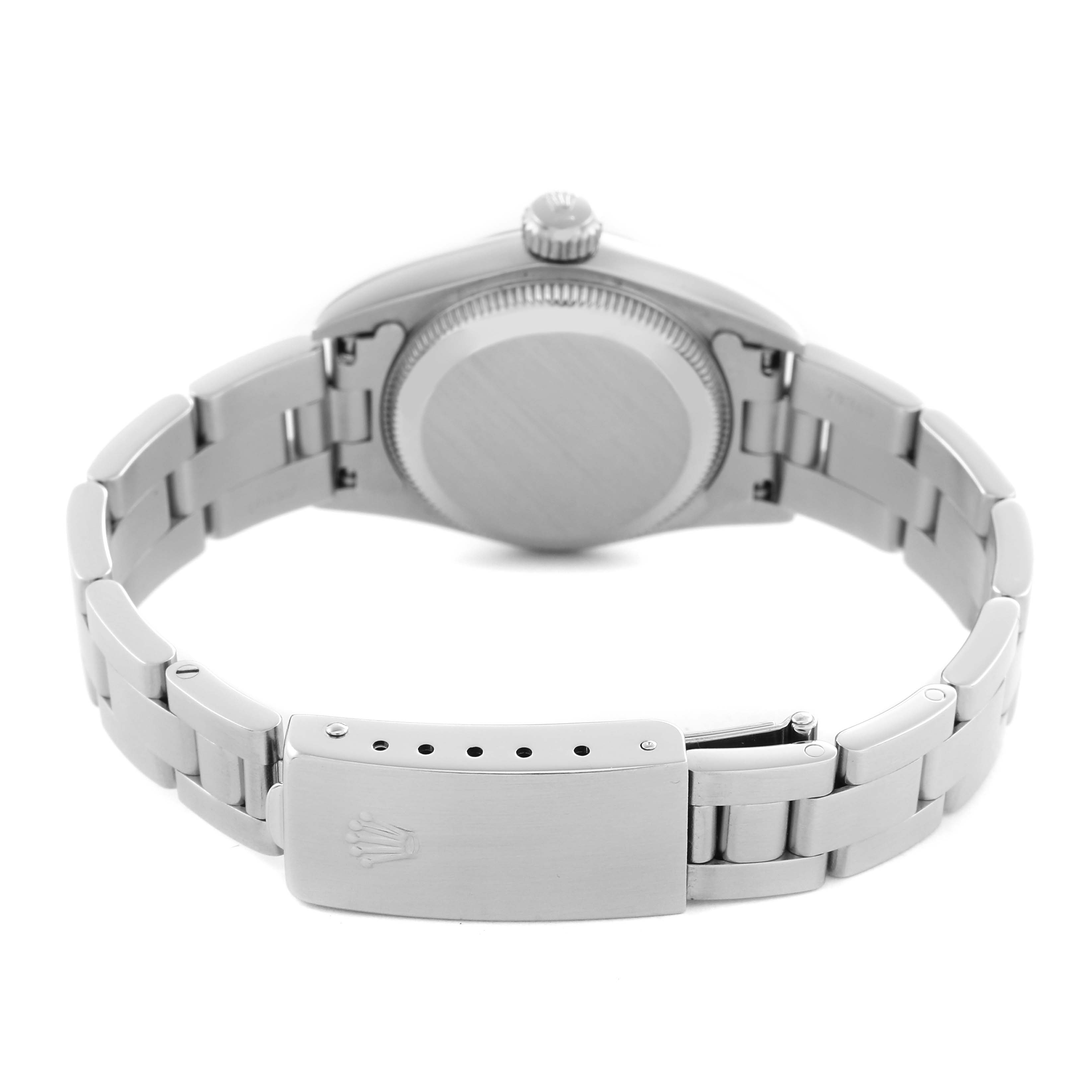 The image shows the back view of a Rolex Oyster Perpetual 67180 Women's Stainless Steel Pink Dial 67180 Women's Stainless Steel Pink Dial, highlighting the caseback and metal bracelet with a clasp.