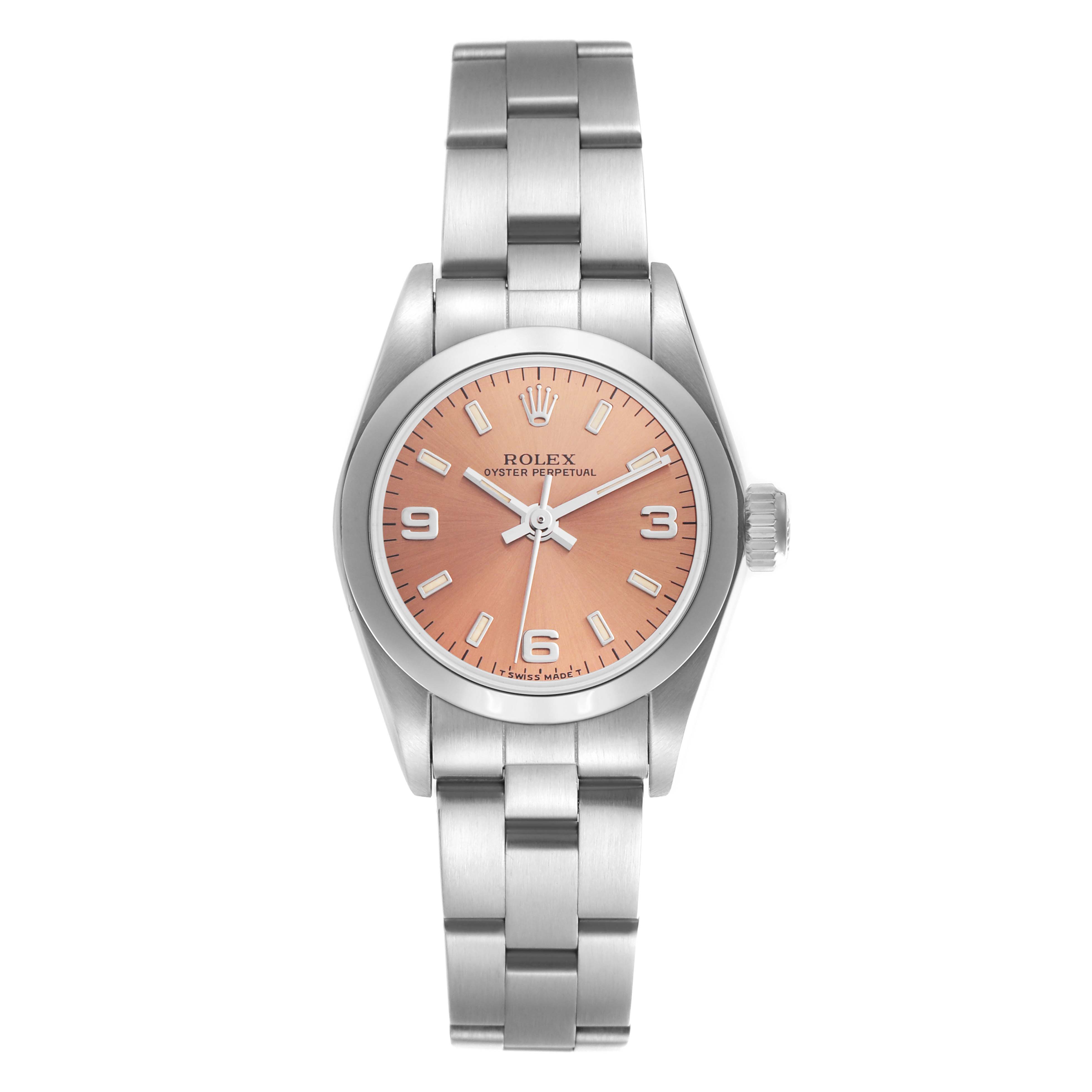 The Rolex Oyster Perpetual 67180 Women's Stainless Steel Pink Dial 67180 Women's Stainless Steel Pink Dial watch is shown from a top view, displaying its face, bezel, and bracelet.