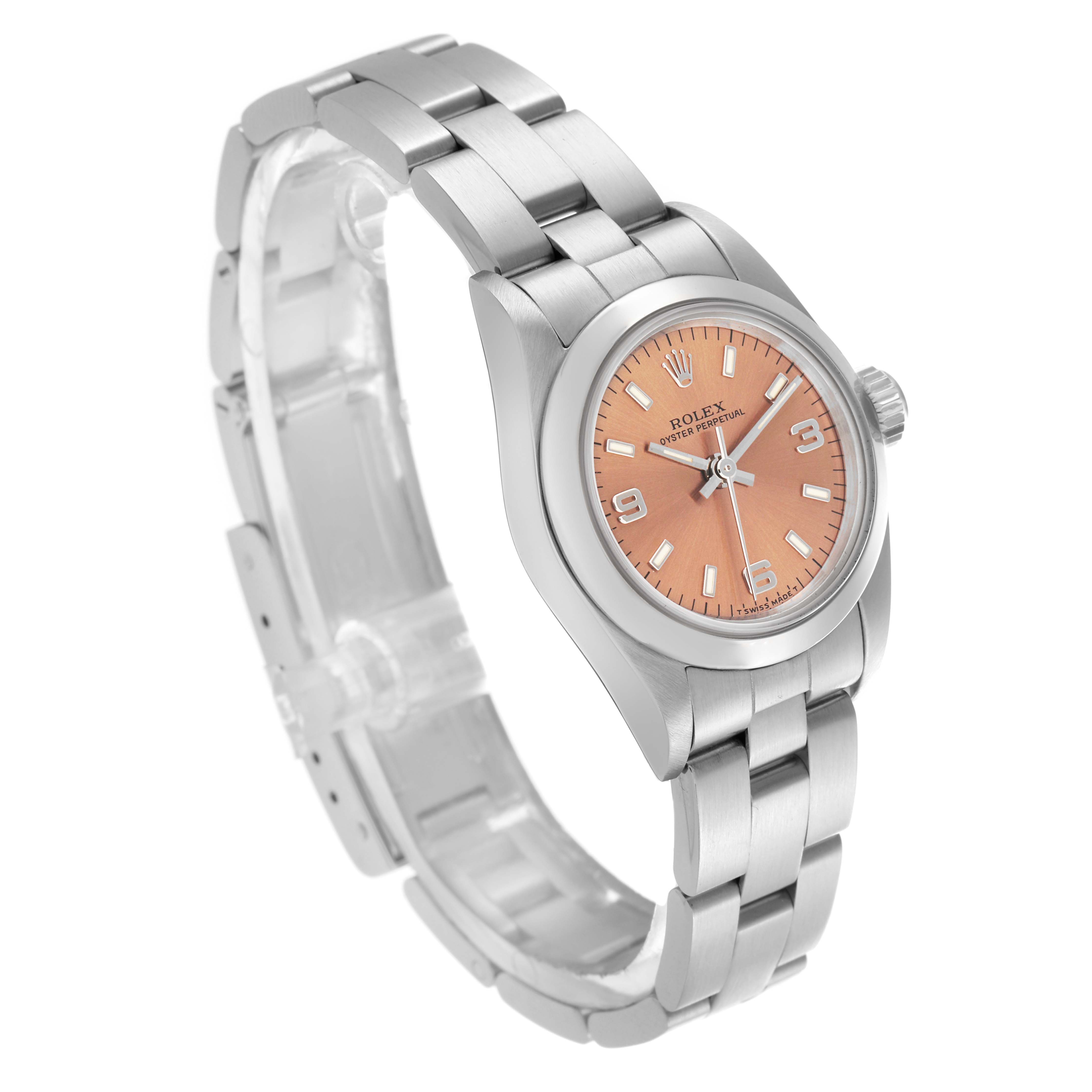 The Rolex Oyster Perpetual 67180 Women's Stainless Steel Pink Dial 67180 Women's Stainless Steel Pink Dial watch is shown from a three-quarter front angle, highlighting the dial, bezel, and bracelet.