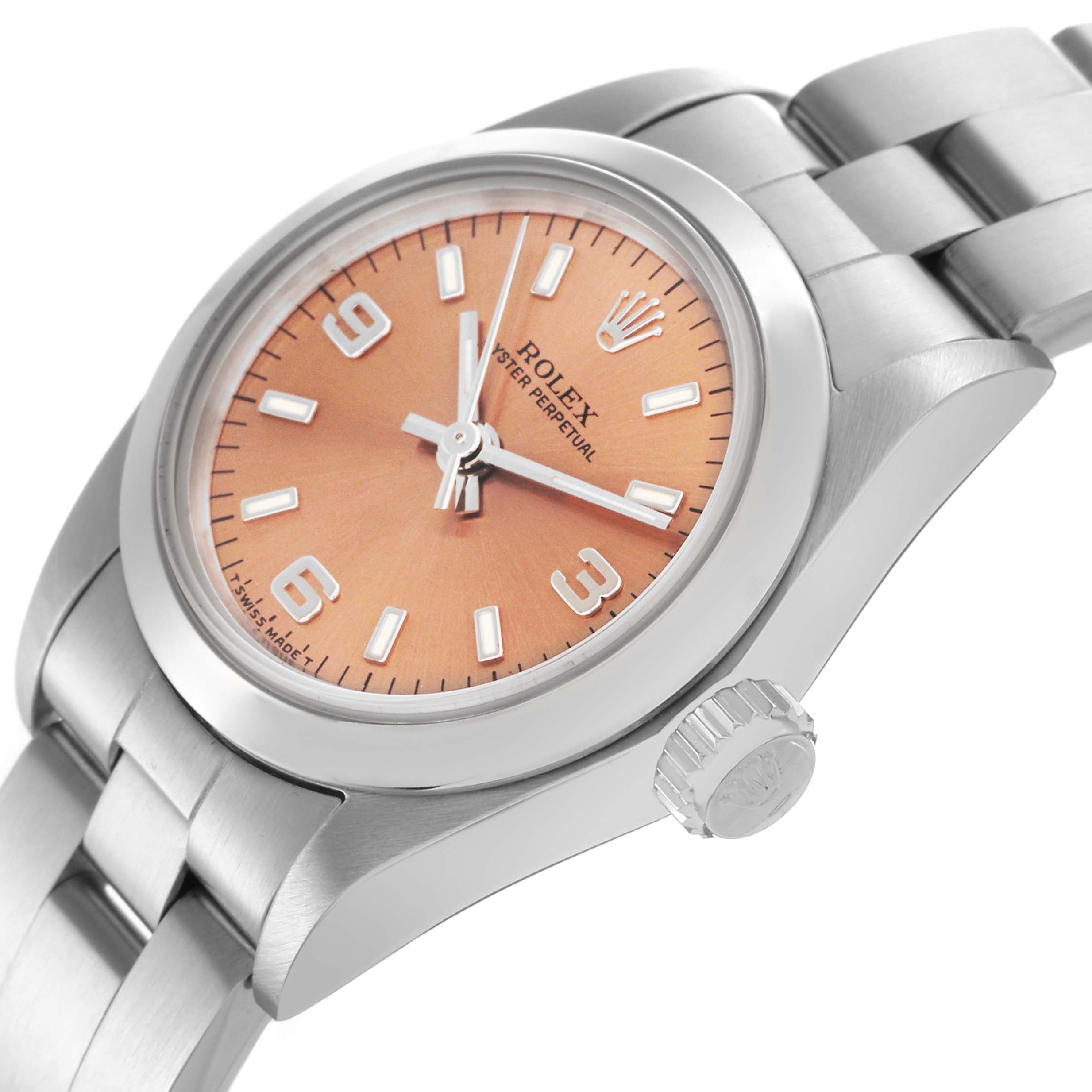 The Rolex Oyster Perpetual 67180 Women's Stainless Steel Pink Dial 67180 Women's Stainless Steel Pink Dial watch is shown at an angle highlighting the dial, bezel, bracelet, and crown.