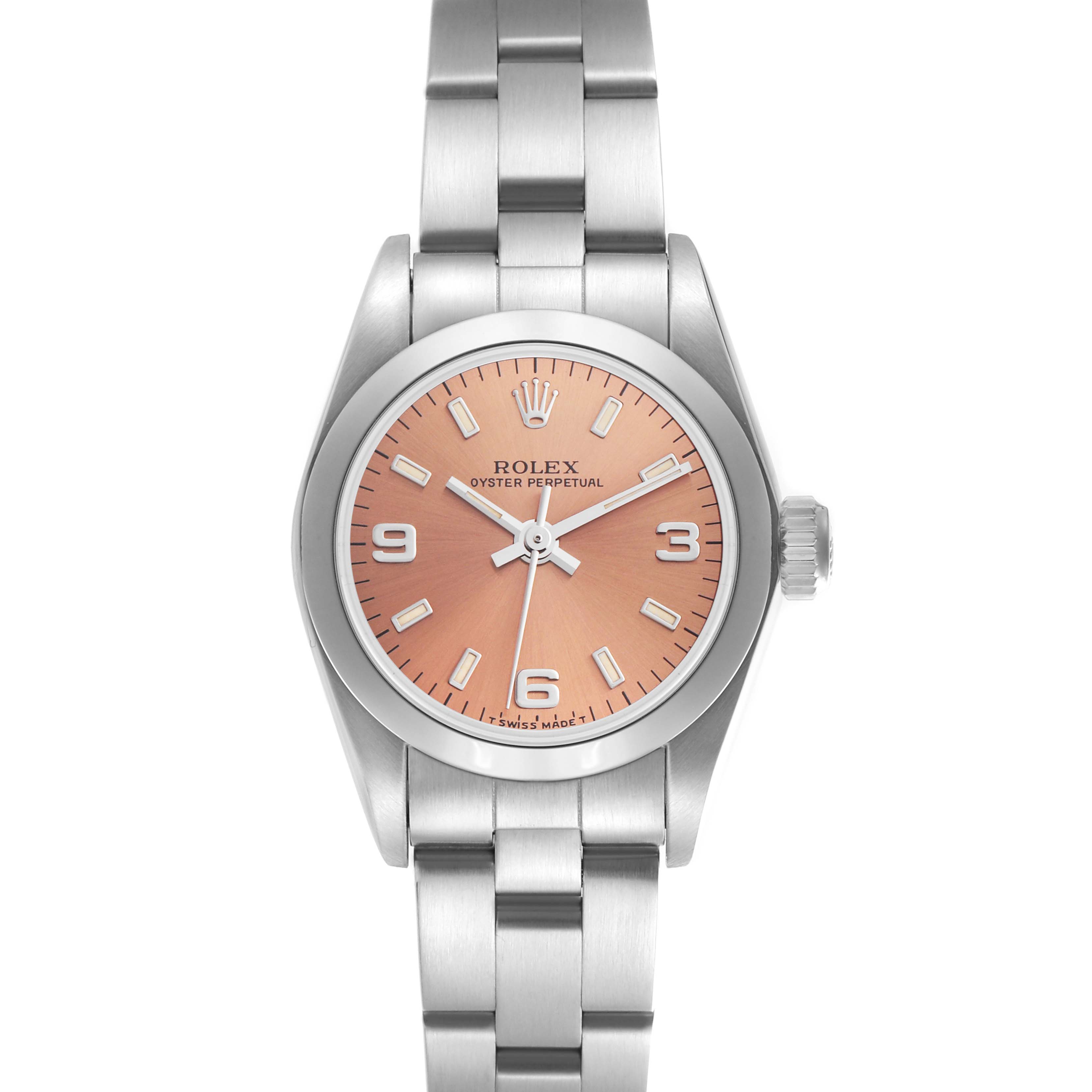 The Rolex Oyster Perpetual 67180 Women's Stainless Steel Pink Dial 67180 Women's Stainless Steel Pink Dial watch is shown from a top-down angle, displaying the dial, bezel, and metal bracelet.