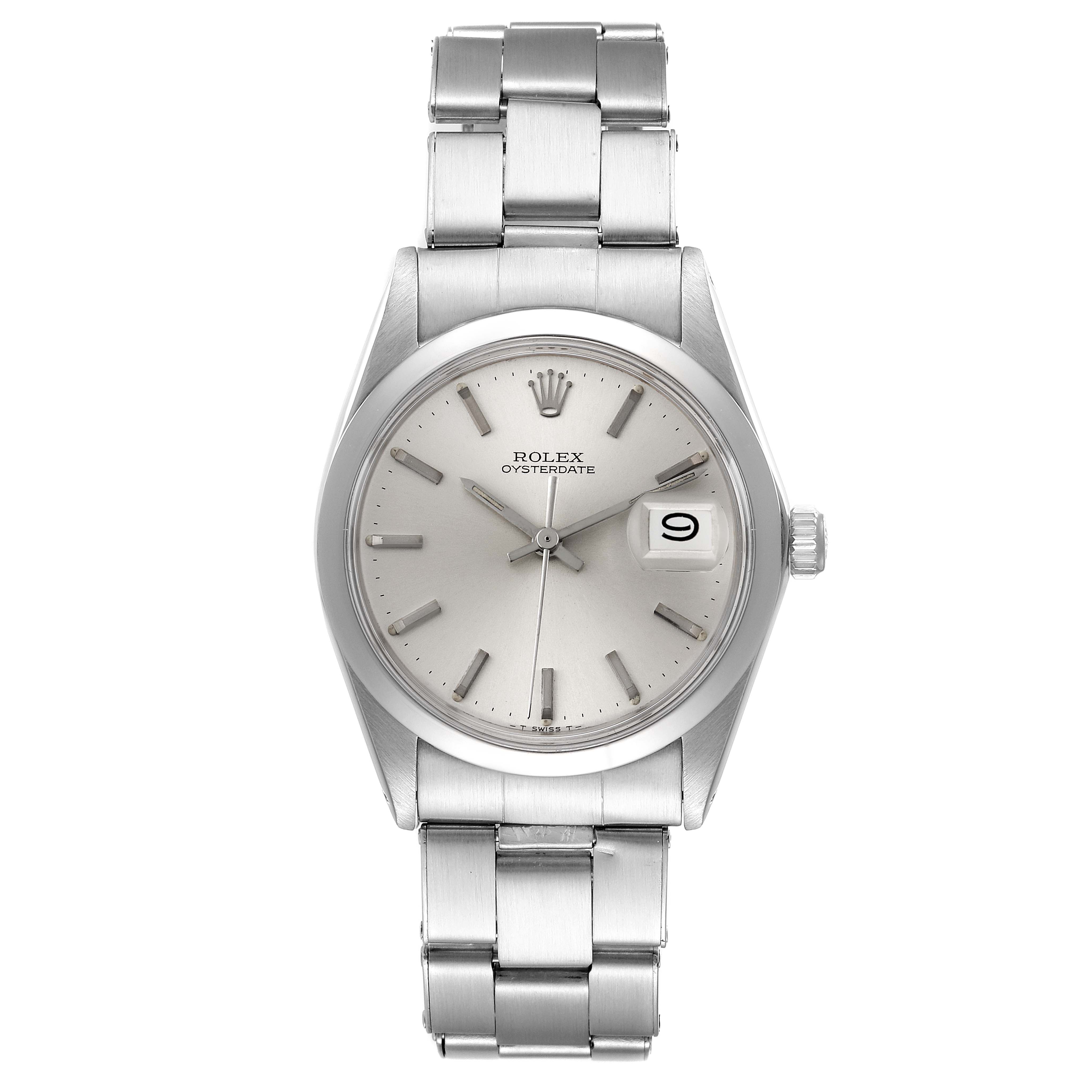 The image shows a front view of the Rolex Vintage Collection 6694 Men
s Stainless Steel Silver Dial 6694 Men
s Stainless Steel Silver Dial watch with a stainless steel bracelet and a date display.