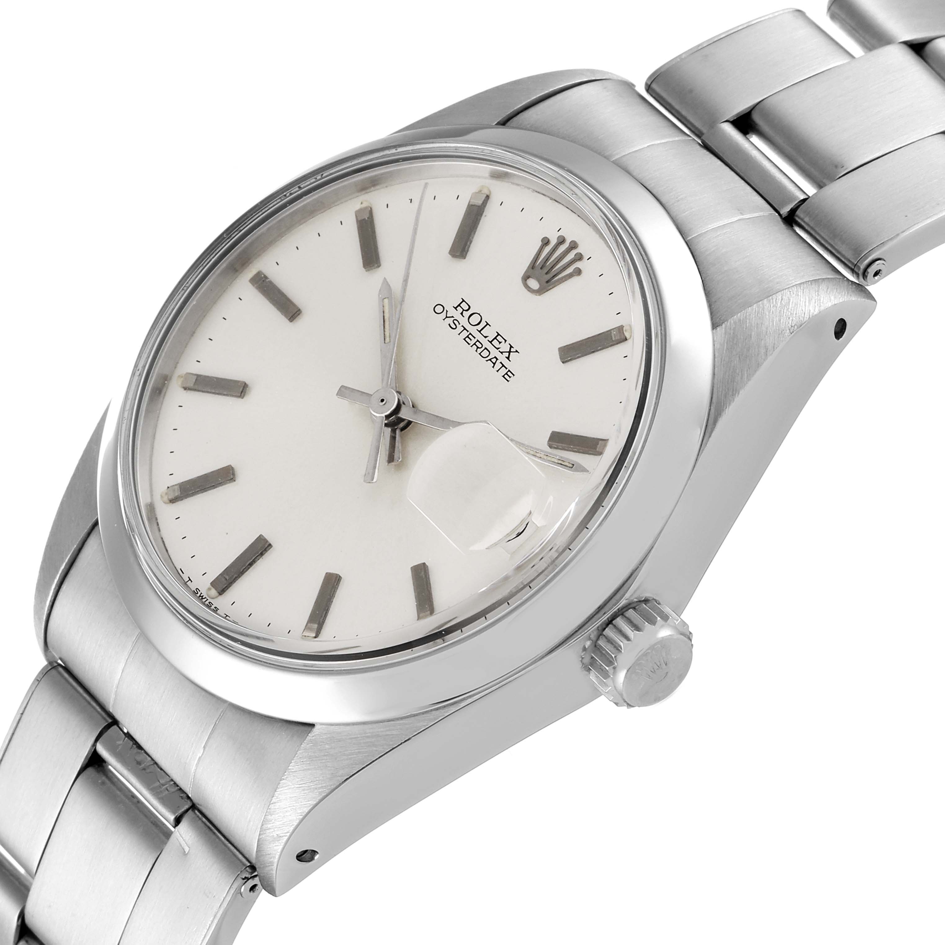 The image shows a Rolex Vintage Collection 6694 Men
s Stainless Steel Silver Dial 6694 Men
s Stainless Steel Silver Dial watch from an angled top side view, highlighting the dial, bezel, crown, and bracelet.