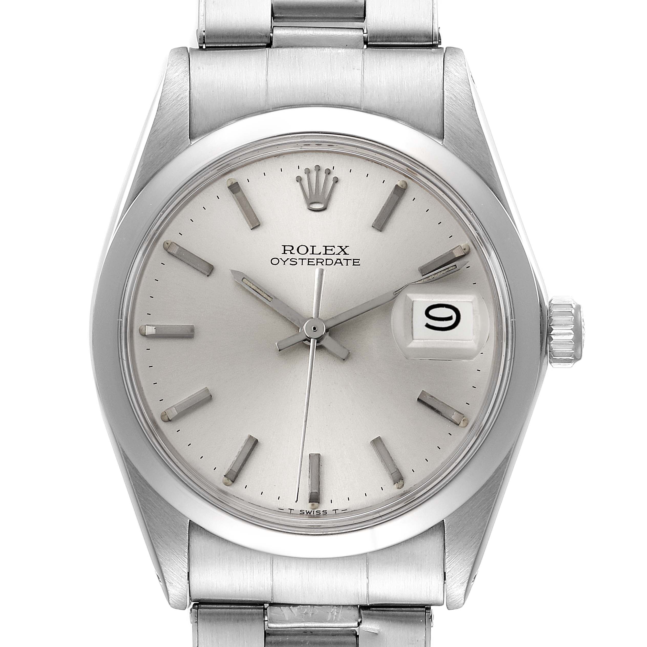 This image shows a full frontal view of the Rolex Vintage Collection 6694 Men
s Stainless Steel Silver Dial 6694 Men
s Stainless Steel Silver Dial watch, highlighting its face, bezel, crown, and bracelet.